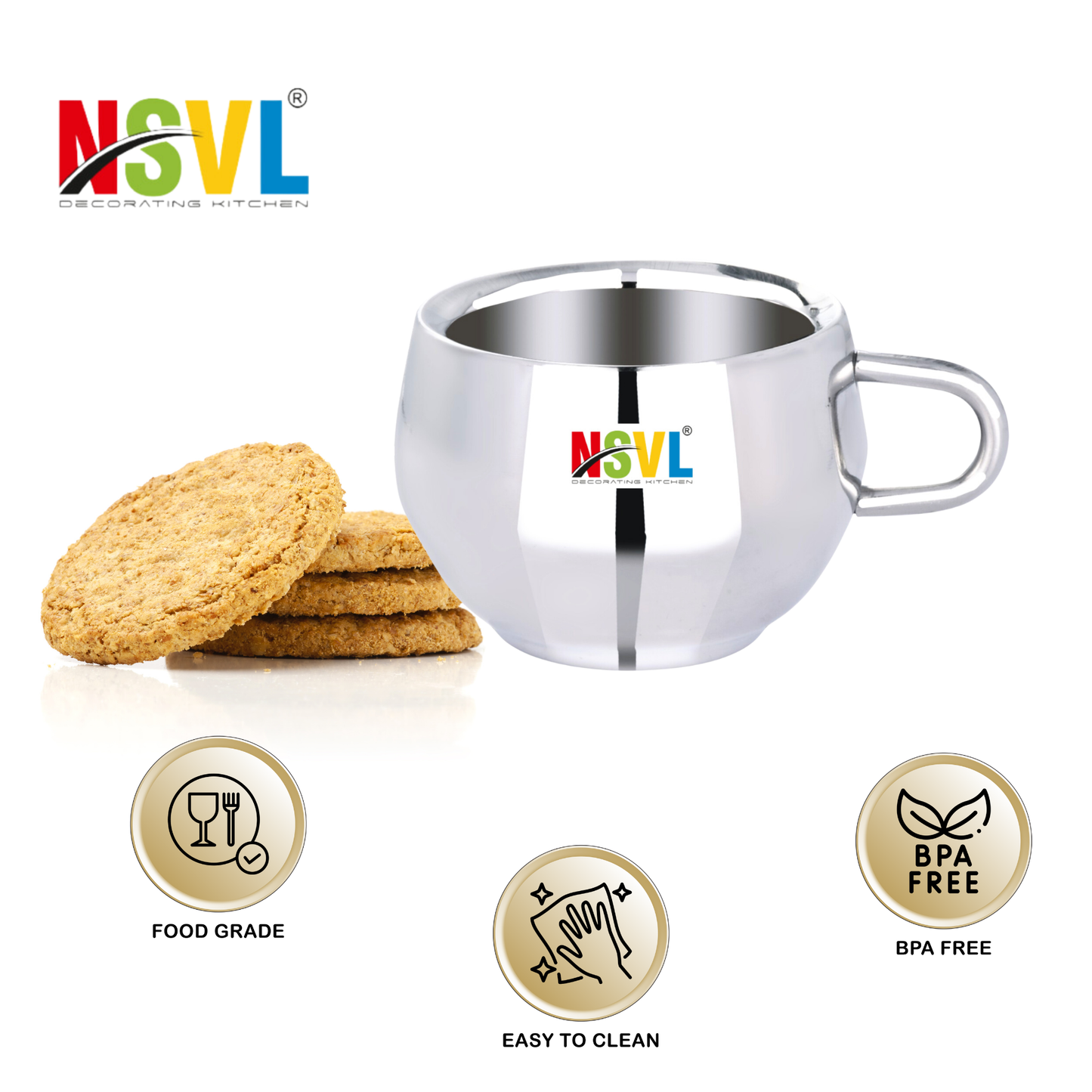 Nsvl 100% Stainless Steel Matka Tea Cups Set of 6 Pcs | Double Wall Tea & Coffee Cups | Mirror Finish Cups | Laser Design, Break Resistant