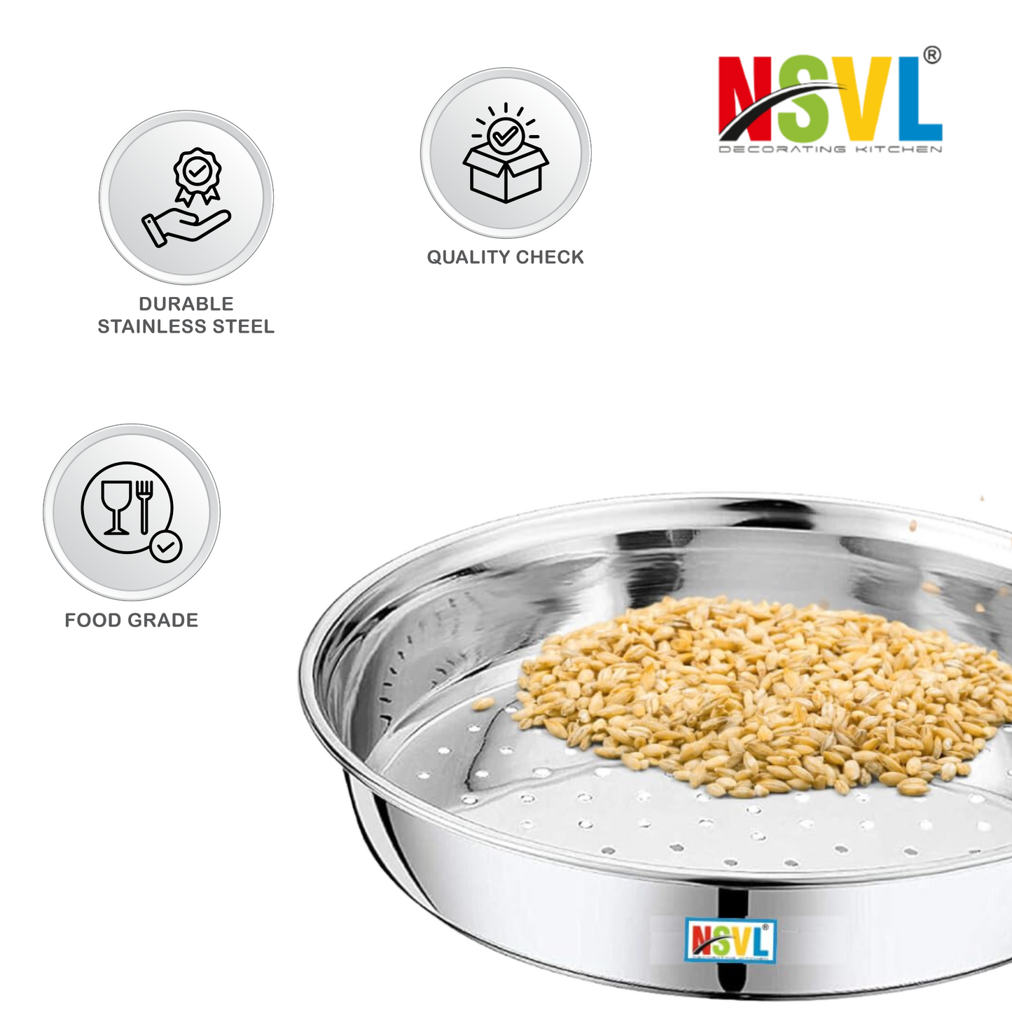NSVL Stainless Steel Strainer for Kitchen – Multi-Use Steel Channi for Kitchen/Steel Chalni for Kitchen with Holes for Wheat | Steel Strainer for Kitchen