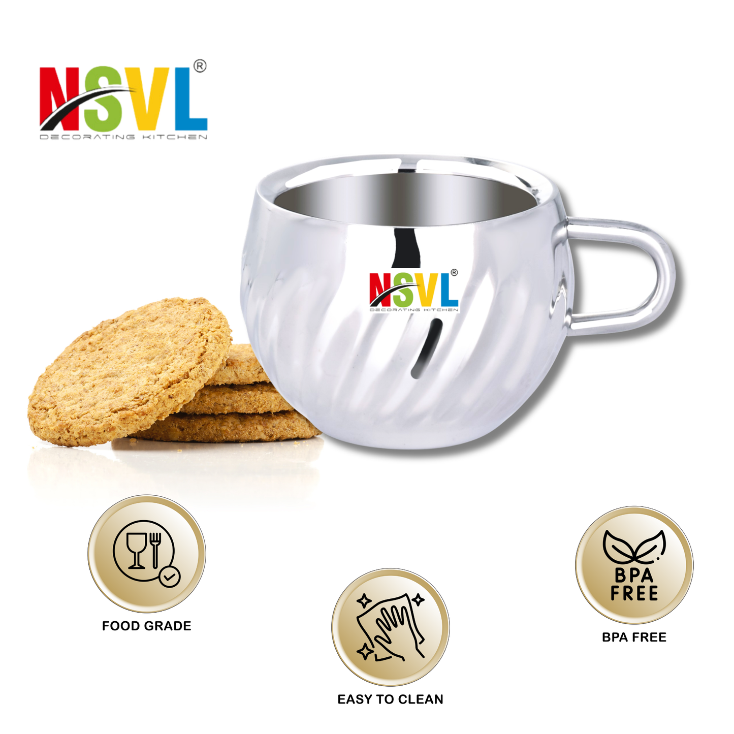 Nsvl 100% Stainless Steel Waves Tea Cups Set of 6 Pcs | Double Wall Tea & Coffee Cups | Mirror Finish Cups | Laser Design, Break Resistant