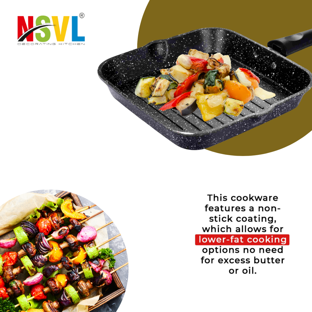 NSVL Non Stick Grill Pan Aluminium Square Gas Stove Compatible Grill Pan Grill Pan 22 cm diameter 1 L capacity (Aluminium, Non-stick)