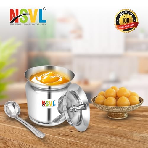 Nsvl Stainless Steel Multipurpose Ghee Pot/Pickle Container, 310 ml, With Spoon,(Lotus Design)