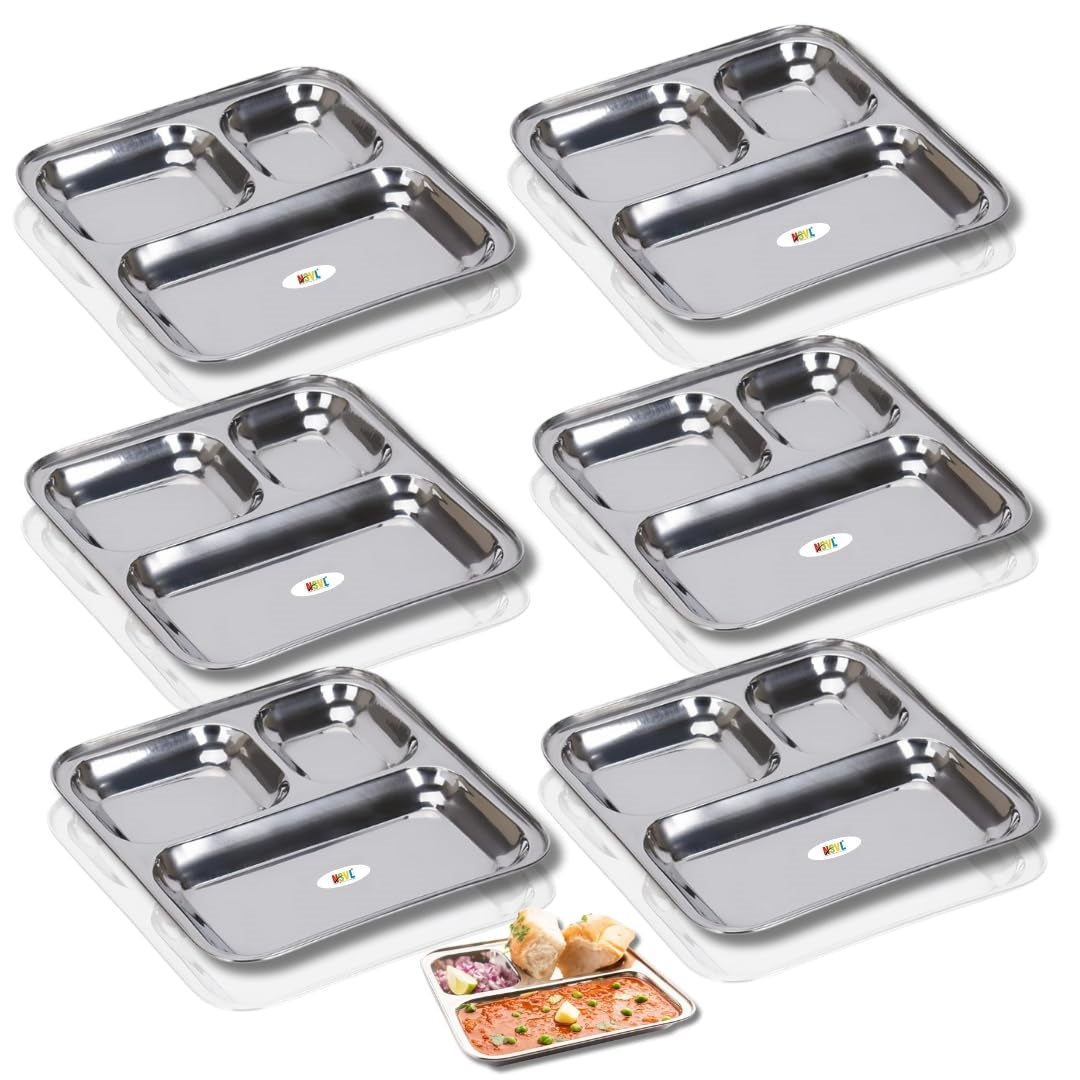 Nsvl Stainless Steel 3-in-1 Pav Bhaji Snack Plate, 24.5 cm Diameter, Silver