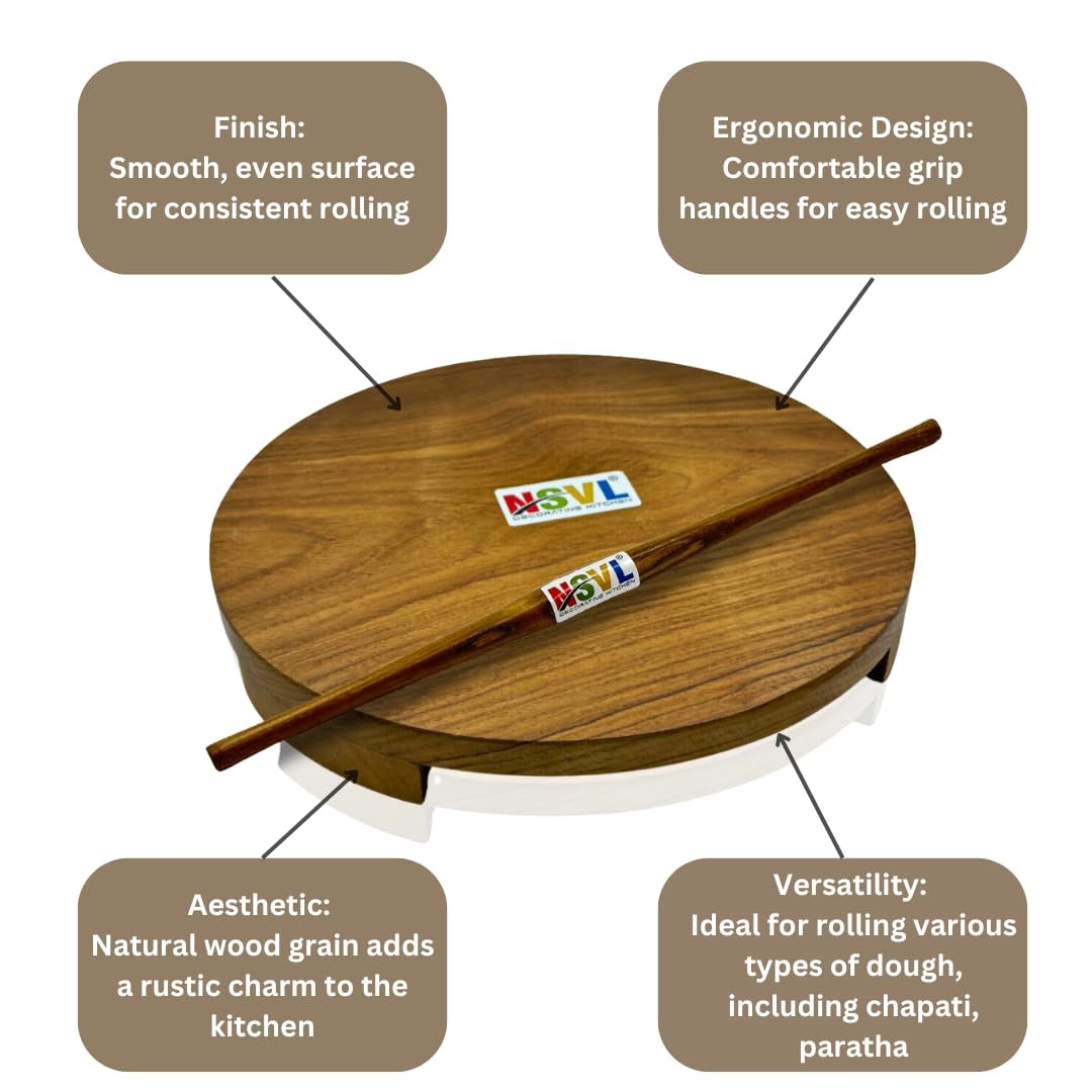 NSVL Sagwan Polpat Chakla Roti Chapati Maker 25 cm with Sagwan Roti Belan Rolling Pin 42 cm (Sagwan Polpat with Sagwan Gujrati Belan)