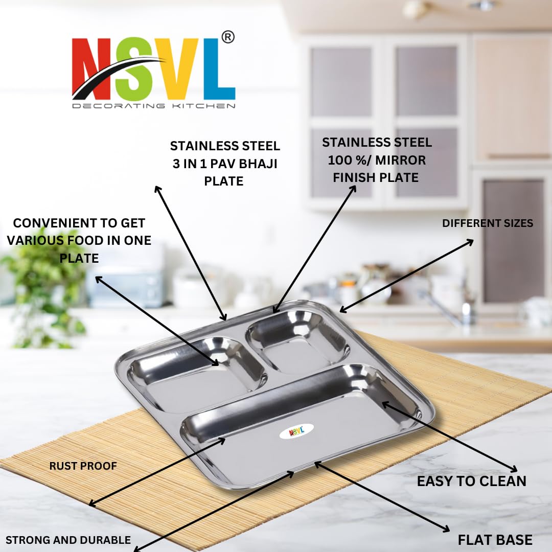 Nsvl Stainless Steel 3-in-1 Pav Bhaji Snack Plate, 24.5 cm Diameter, Silver