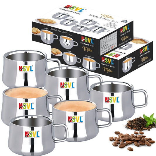 Nsvl 100% Stainless Steel Chandramukhi Tea Cups Set of 6 Pcs | Double Wall Tea & Coffee Cups | Mirror Finish Cups | Laser Design, Break Resistant