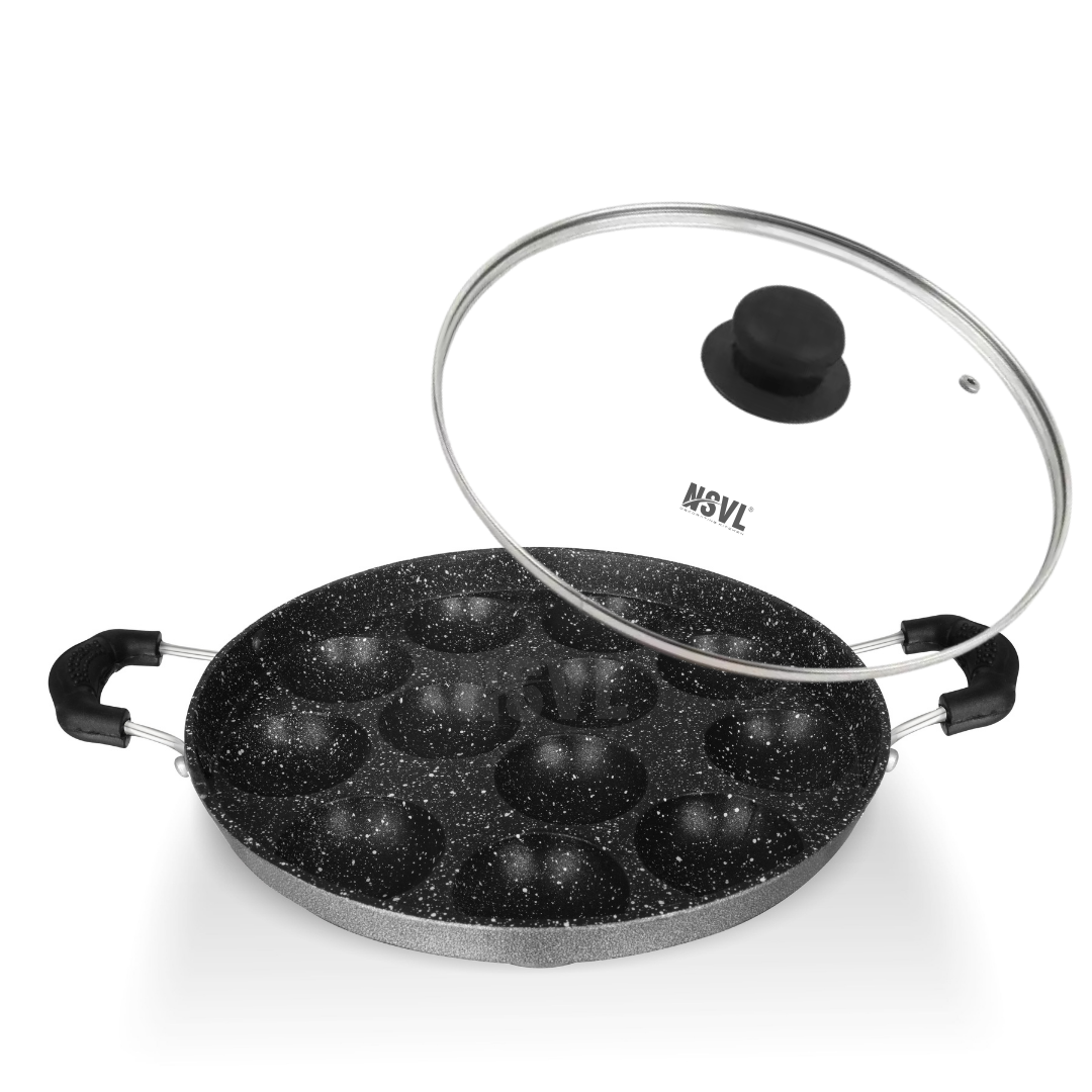 NSVL Heavy-BASE Non-Stick 12 Cavity Appam Patra with Lid | Appam Maker | Appam Patra | Appam pan | Litti Maker | Appe Stand