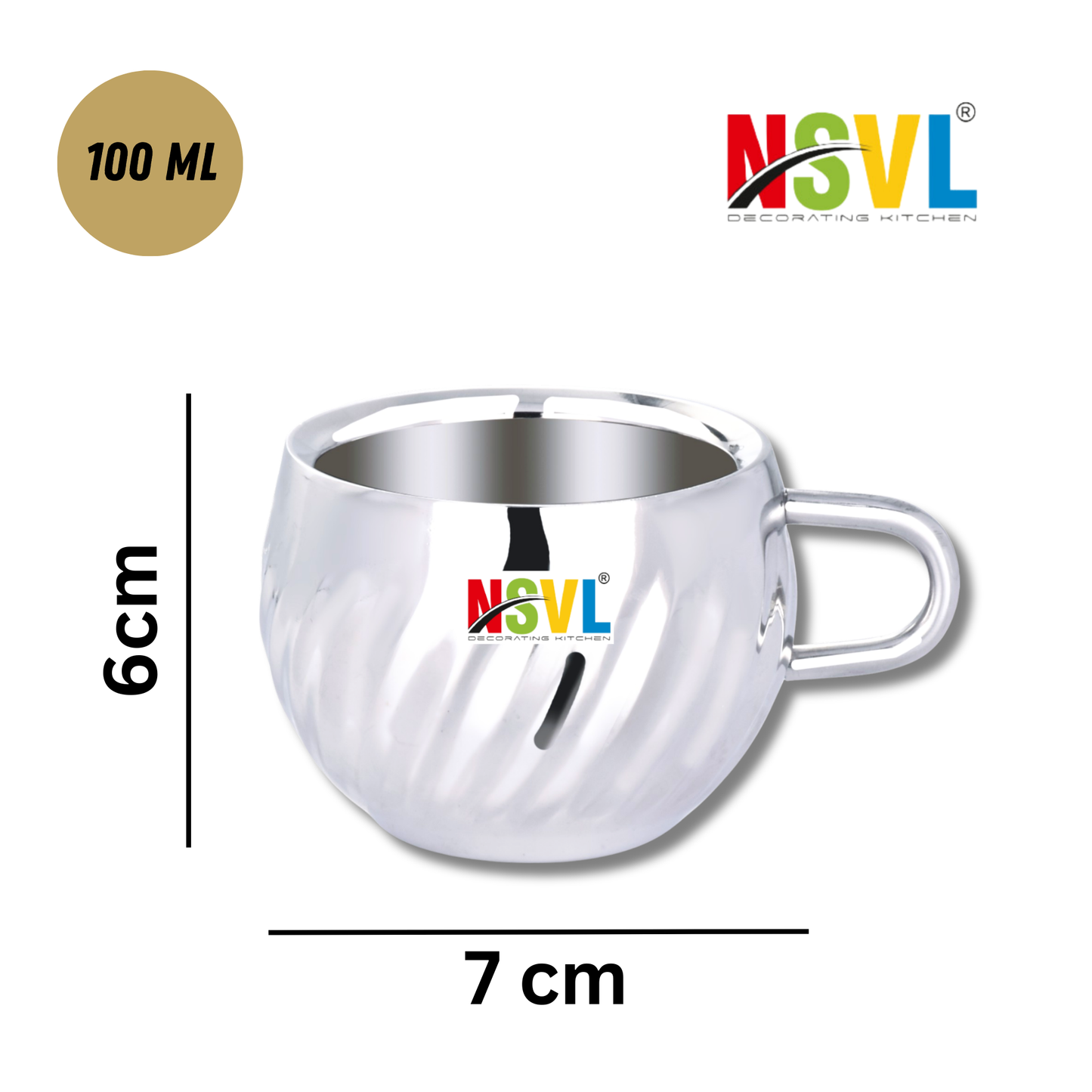 Nsvl 100% Stainless Steel Waves Tea Cups Set of 6 Pcs | Double Wall Tea & Coffee Cups | Mirror Finish Cups | Laser Design, Break Resistant