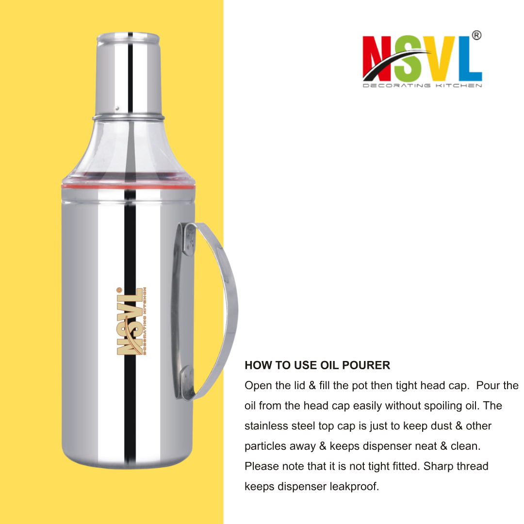 Nsvl Stainless Steel Oil Dispenser with Nozzle 1 Litre (1000 ml) | Oil Container | Oil Pourer | Oil Pot | Oil Can| Oil Bottle with Handle