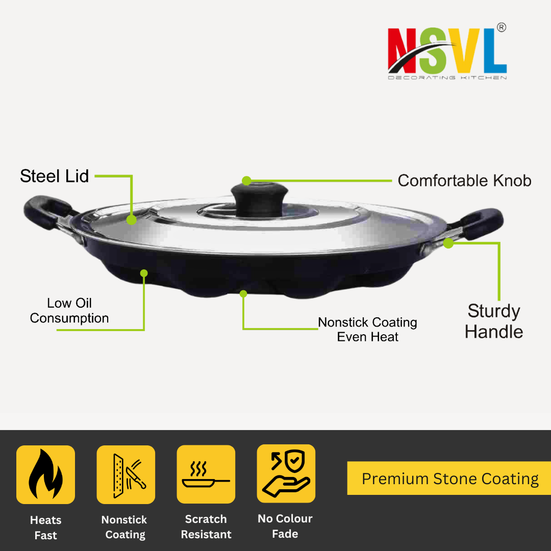 NSVL Non Stick 12 Cavity Appam Patra Handle with Lid, Paniyarakkal | Paniyaram | Appam Pan | Aebleskiver Maker
