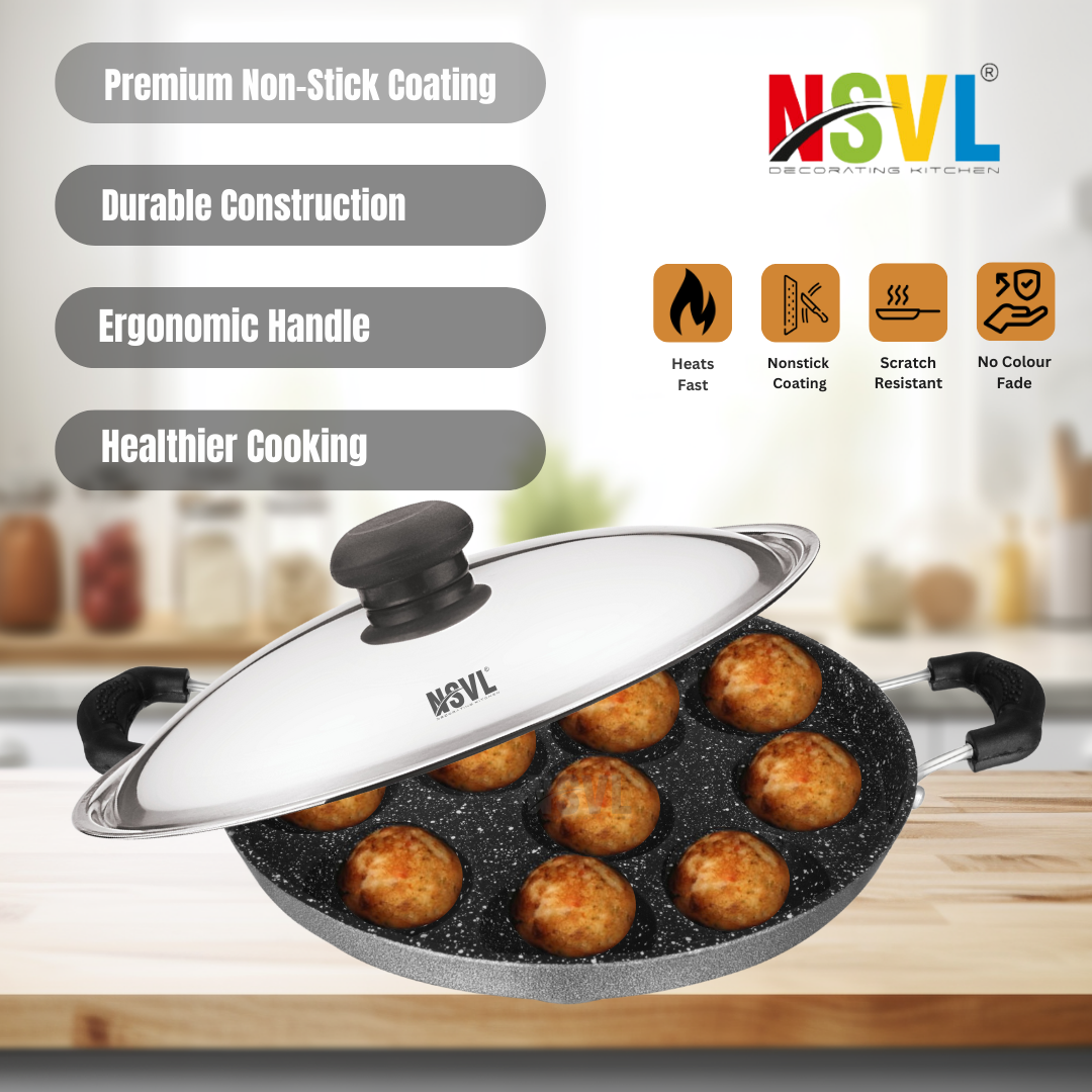 Nsvl Heavy-BASE Non-Stick 12 Cavity Appam Patra with Steel Lid | Appam Maker | Appam Patra | Appam pan | Litti Maker | Appe Stand