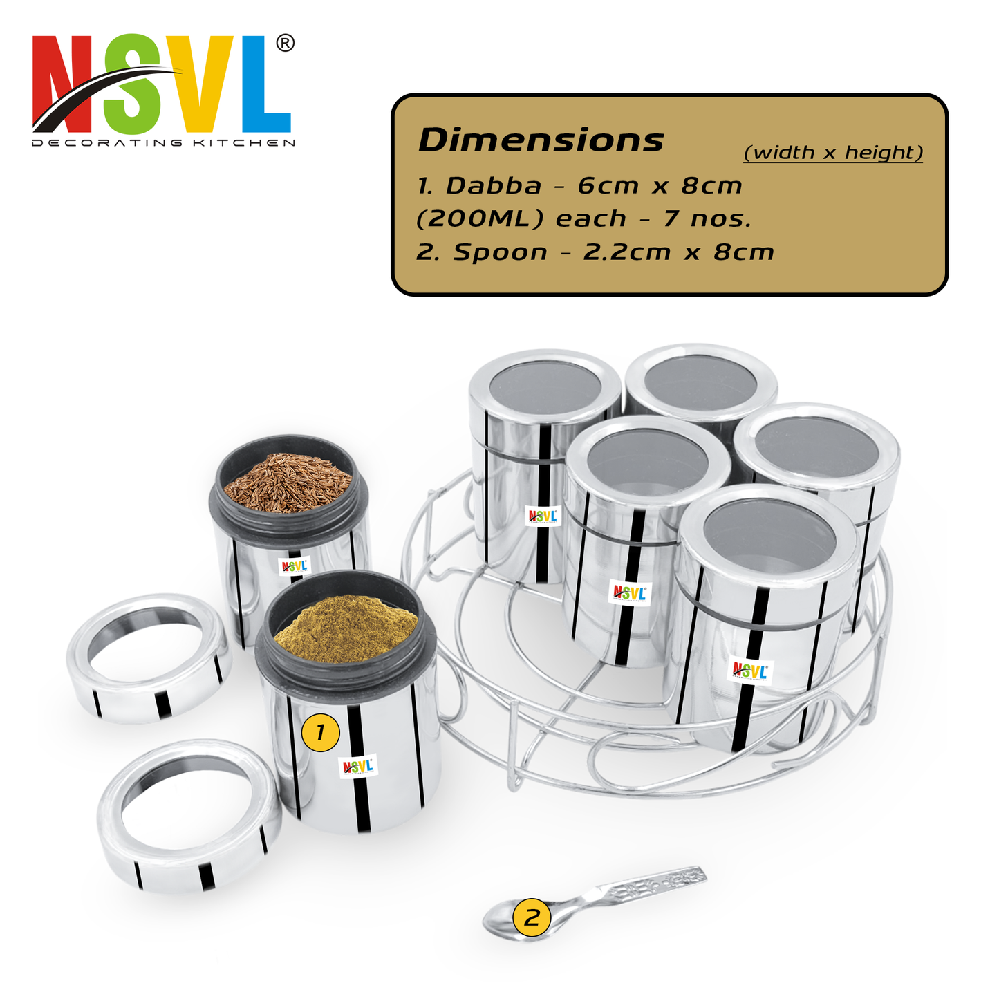 NSVL 7 IN 1 Stainless Steel Masala Box for Kitchen | Spice Box | Masala Container | Masala Dani with individual See through lid 1.5 Ltr