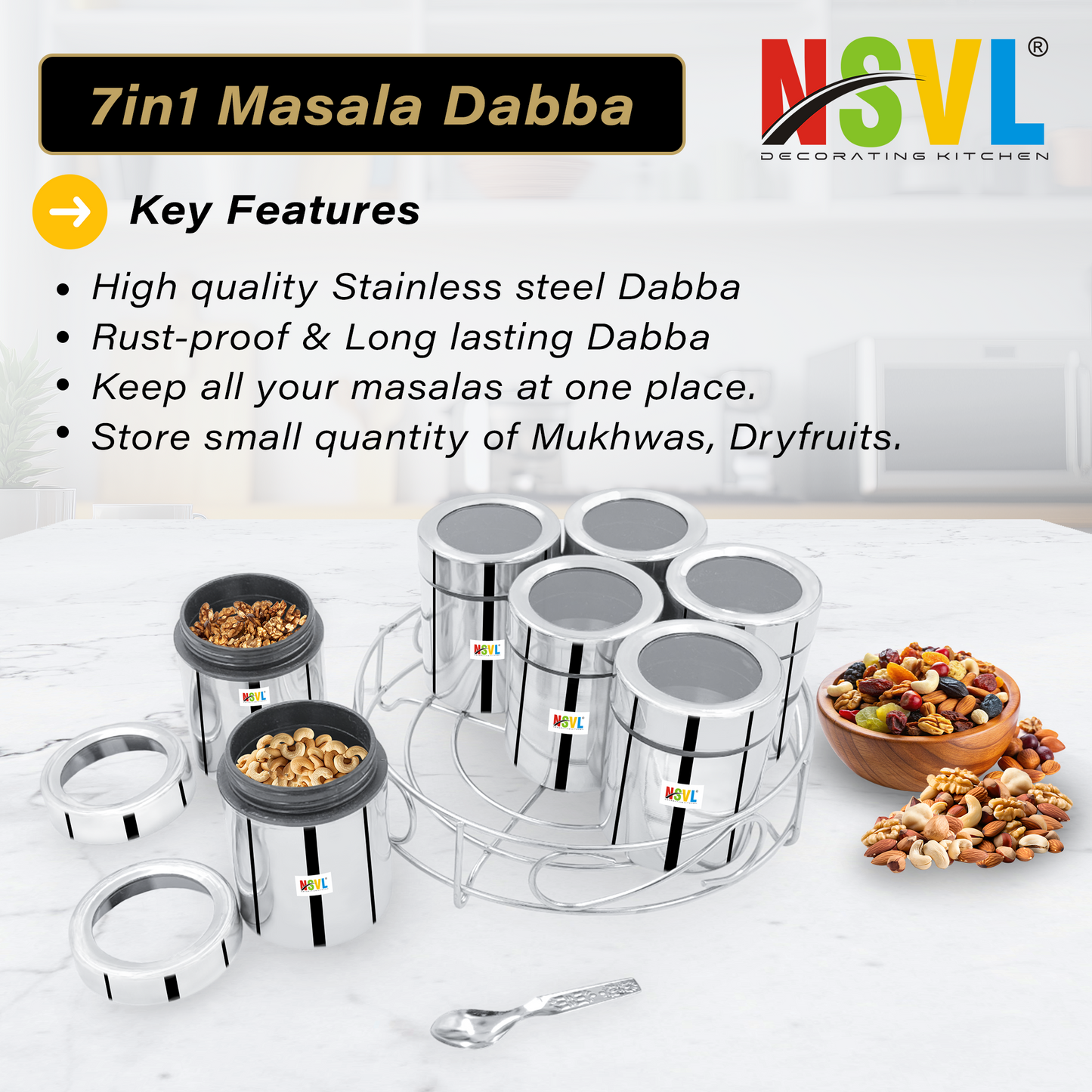 NSVL 7 IN 1 Stainless Steel Masala Box for Kitchen | Spice Box | Masala Container | Masala Dani with individual See through lid 1.5 Ltr