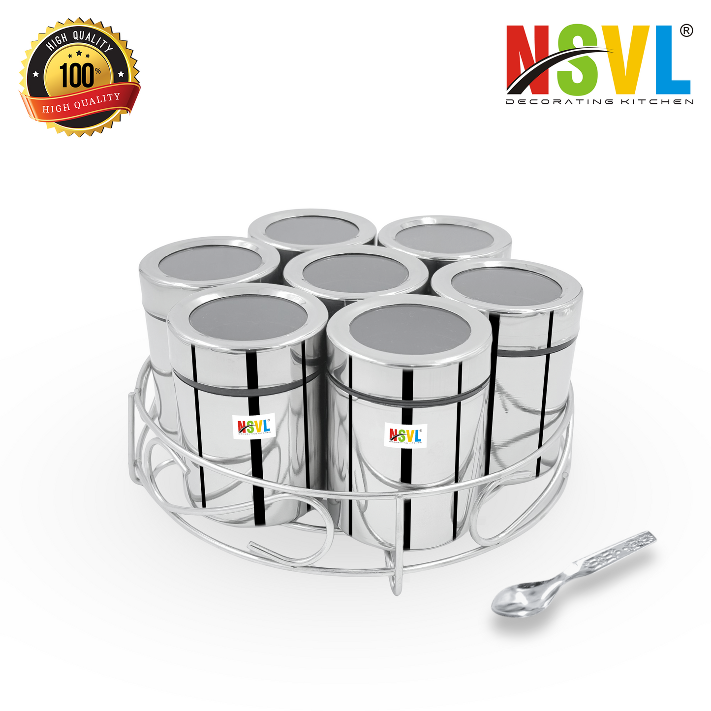 NSVL 7 IN 1 Stainless Steel Masala Box for Kitchen | Spice Box | Masala Container | Masala Dani with individual See through lid 1.5 Ltr