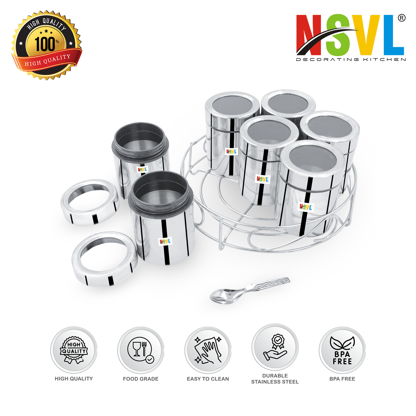 NSVL 7 IN 1 Stainless Steel Masala Box for Kitchen | Spice Box | Masala Container | Masala Dani with individual See through lid 1.5 Ltr