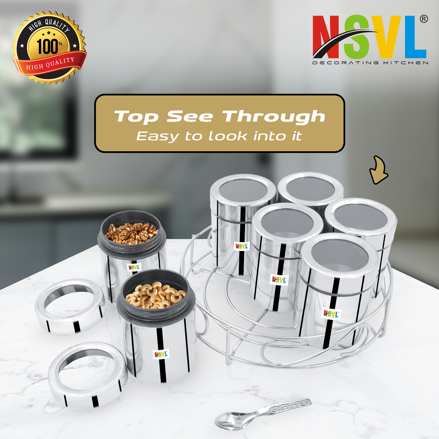 NSVL 7 IN 1 Stainless Steel Masala Box for Kitchen | Spice Box | Masala Container | Masala Dani with individual See through lid 1.5 Ltr