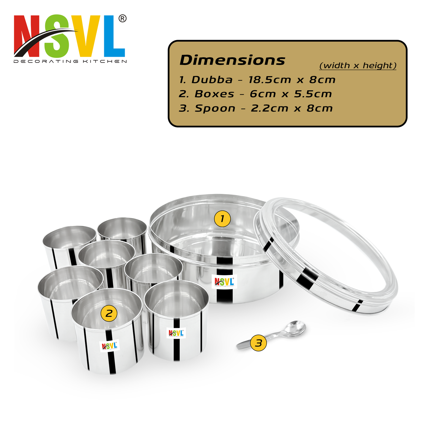 Nsvl Stainless Steel Plain Shape Masala box for Kitchen | Spice Box | Masala Dabba with See Through Lid with 7 Containers and Small Spoon | Silver (Medium 18cm | 1.5 Ltr) (PLAIN)