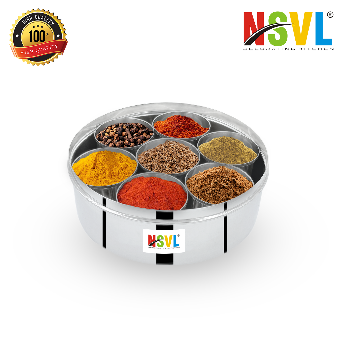 Nsvl Stainless Steel Plain Shape Masala box for Kitchen | Spice Box | Masala Dabba with See Through Lid with 7 Containers and Small Spoon | Silver (Medium 18cm | 1.5 Ltr) (PLAIN)