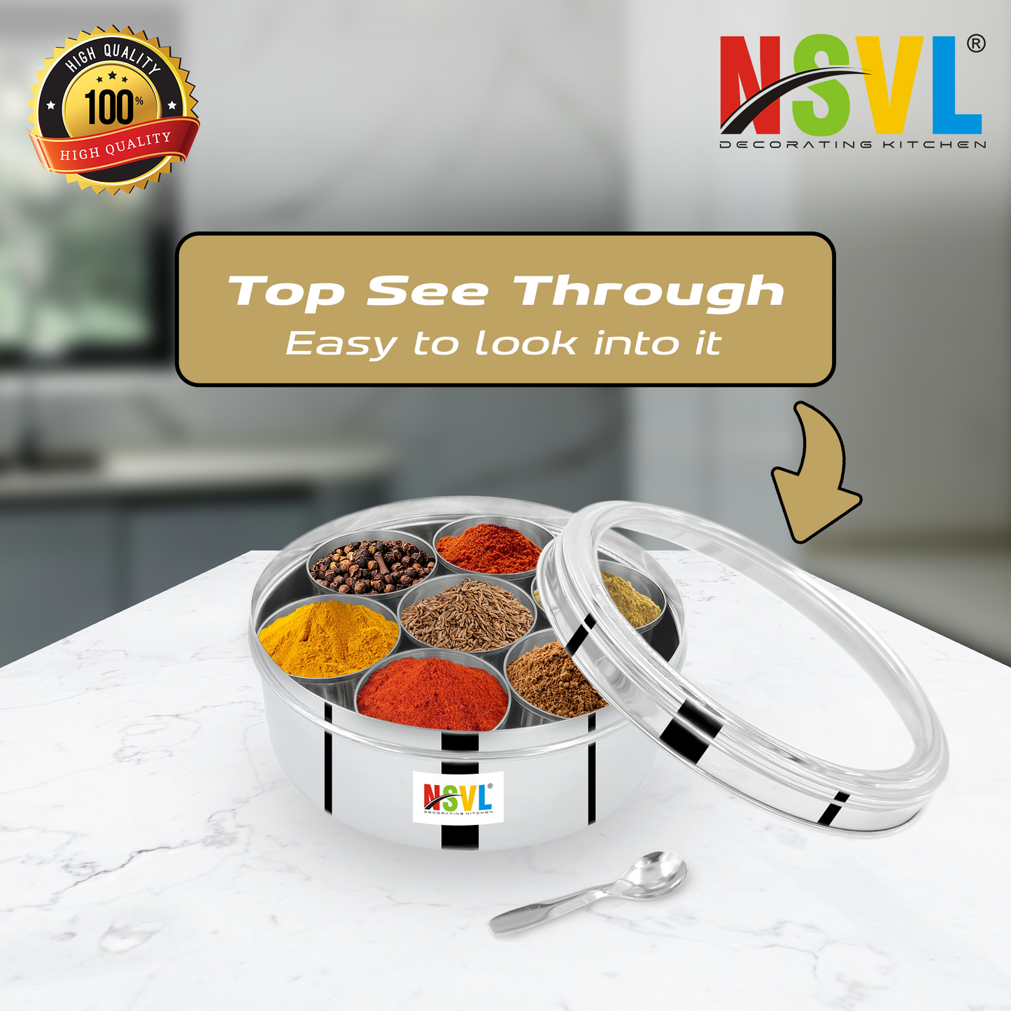 Nsvl Stainless Steel Plain Shape Masala box for Kitchen | Spice Box | Masala Dabba with See Through Lid with 7 Containers and Small Spoon | Silver (Medium 18cm | 1.5 Ltr) (PLAIN)