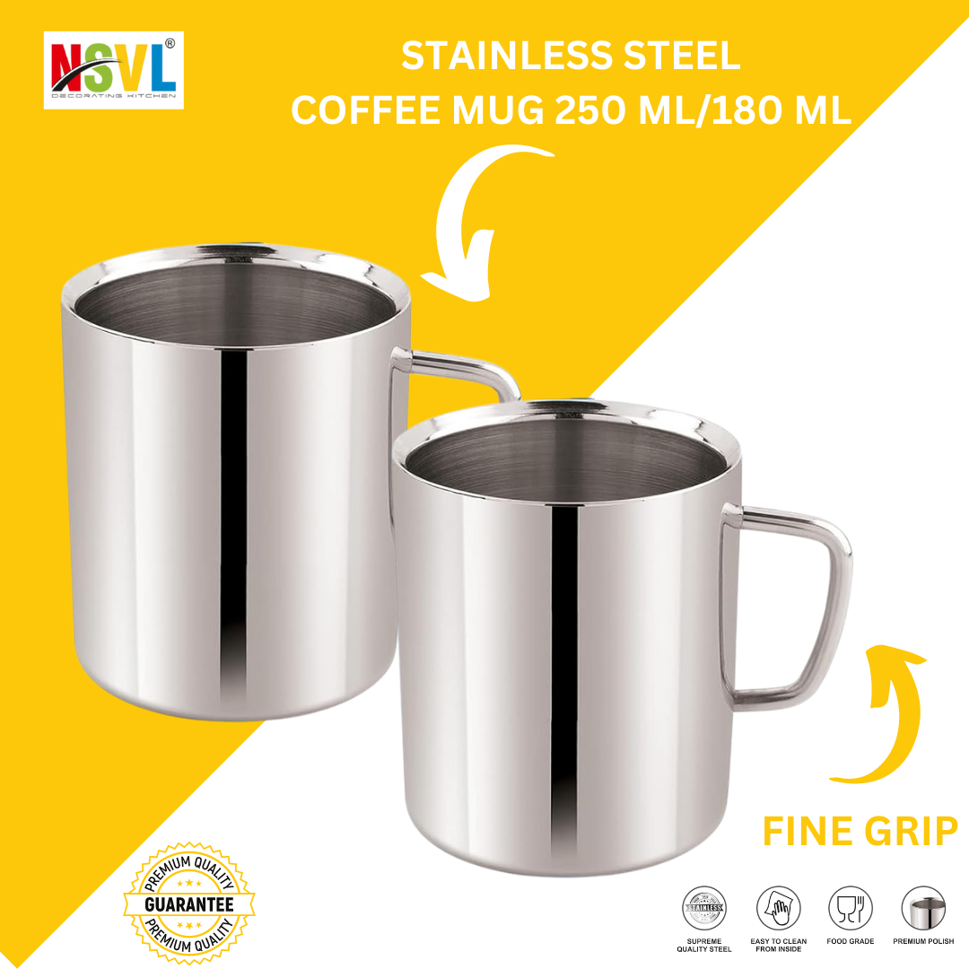 NSVL Stainless Steel Premium Double Wall Coffee Mug, Set of 2 (250ML Each) | Tea Cup with Handle and Flat Base