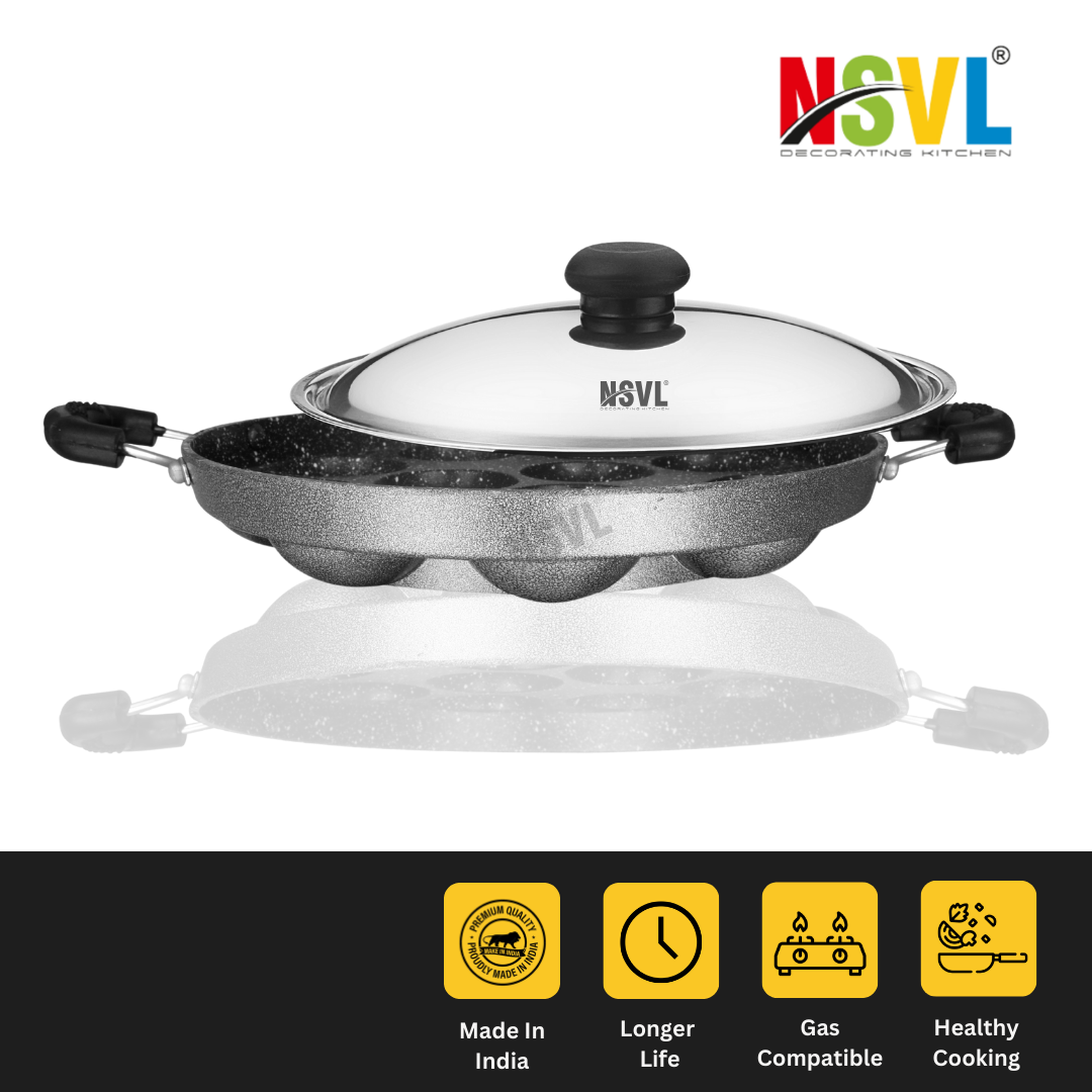 Nsvl Heavy-BASE Non-Stick 12 Cavity Appam Patra with Steel Lid | Appam Maker | Appam Patra | Appam pan | Litti Maker | Appe Stand