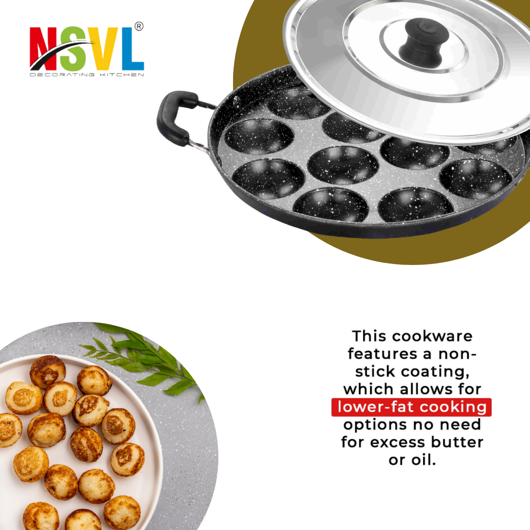 NSVL Non Stick 12 Cavity Appam Patra Handle with Lid, Paniyarakkal | Paniyaram | Appam Pan | Aebleskiver Maker