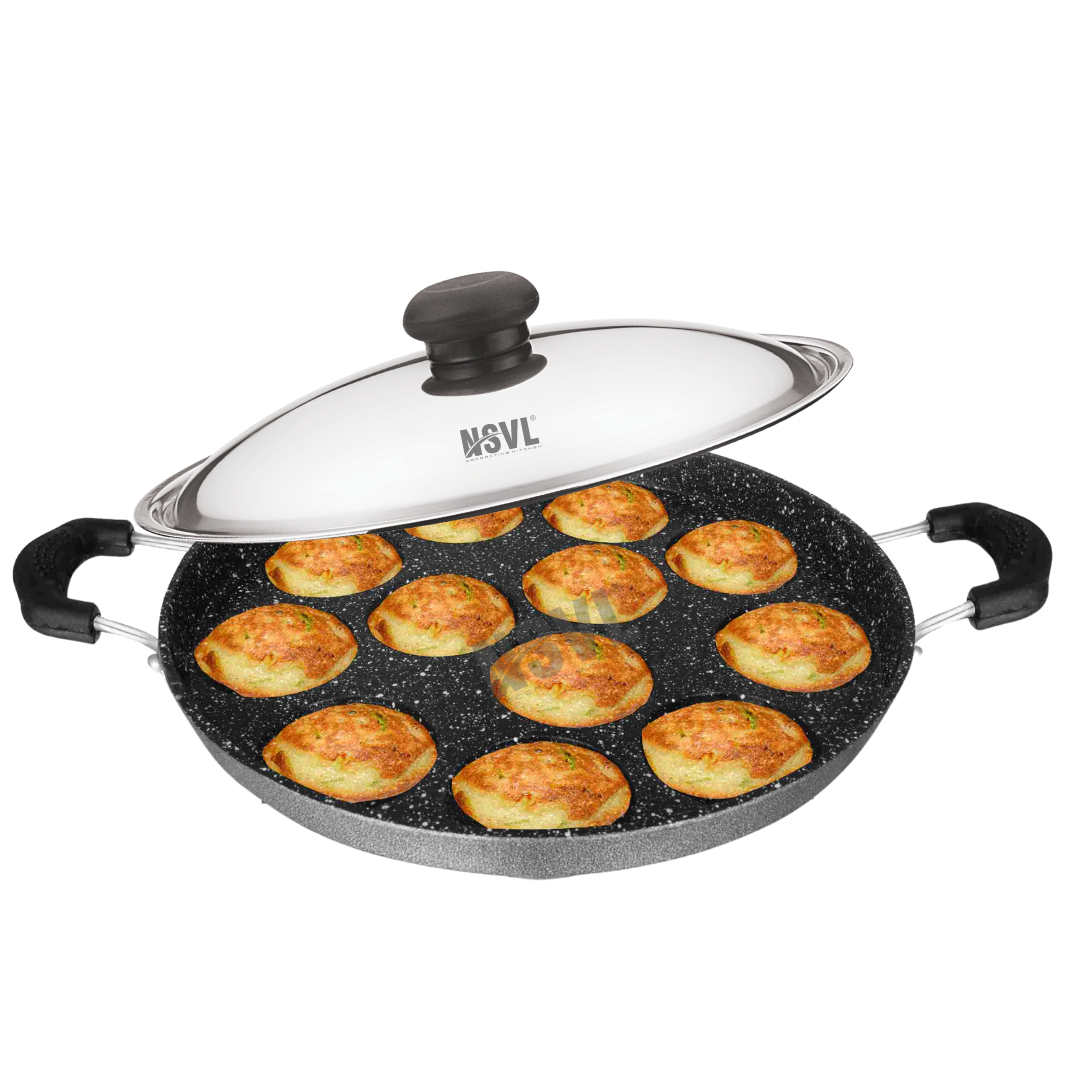 Nsvl Heavy-BASE Non-Stick 12 Cavity Appam Patra with Steel Lid | Appam Maker | Appam Patra | Appam pan | Litti Maker | Appe Stand