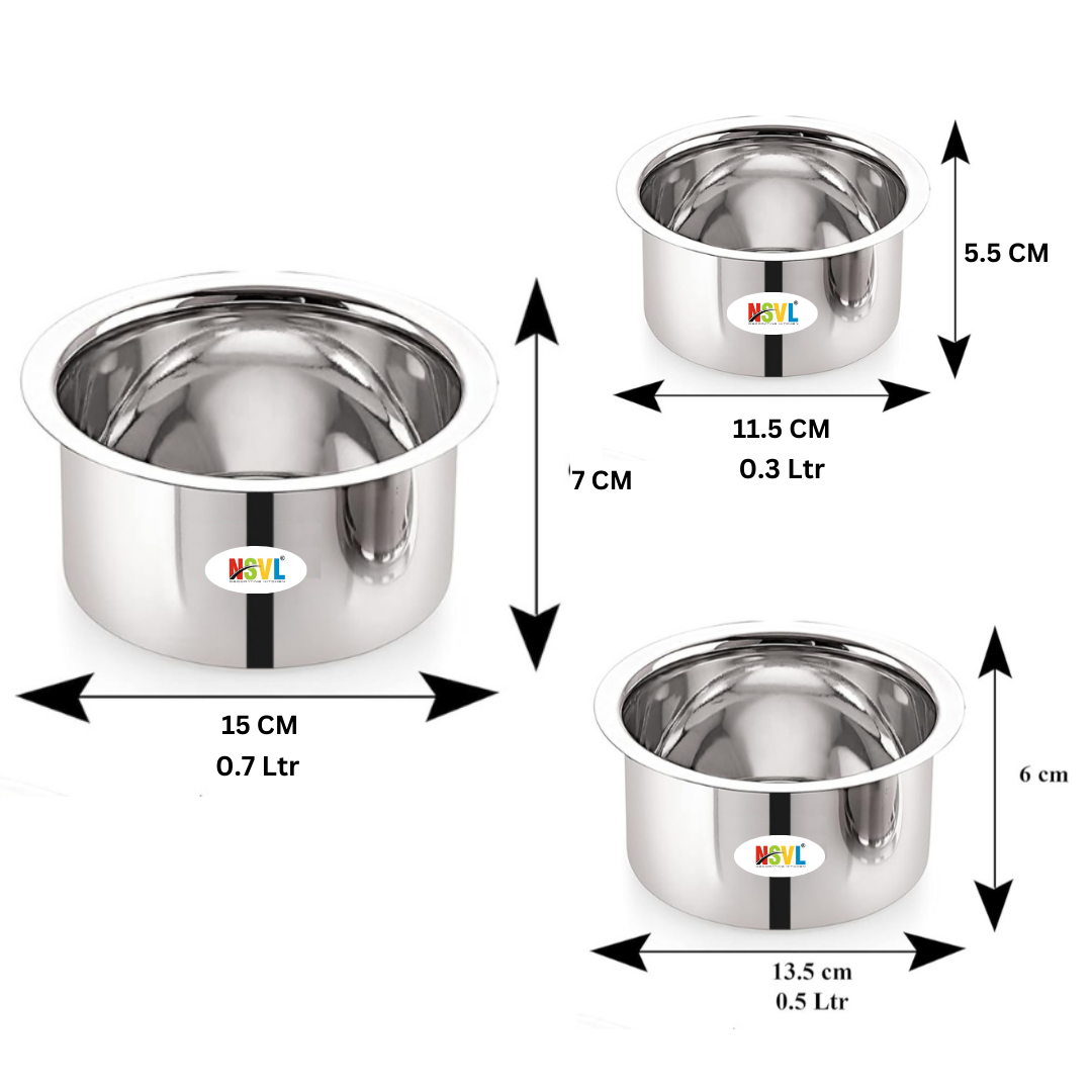 Stainless Steel Flat Top Tope Set, 3 Pieces, 300 ml, 500 ml, 700 ml