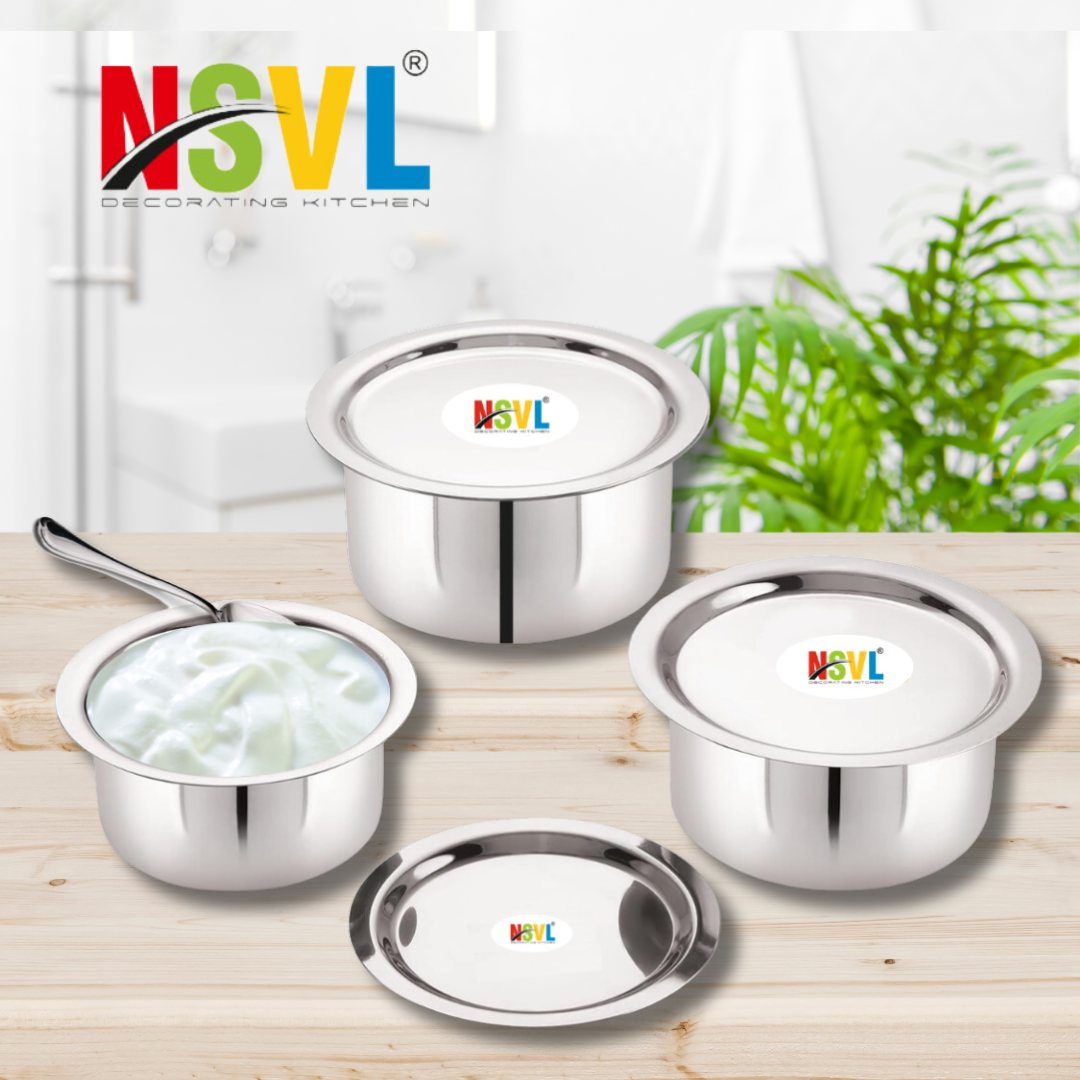 Stainless Steel Flat Top Tope Set, 3 Pieces, 300 ml, 500 ml, 700 ml