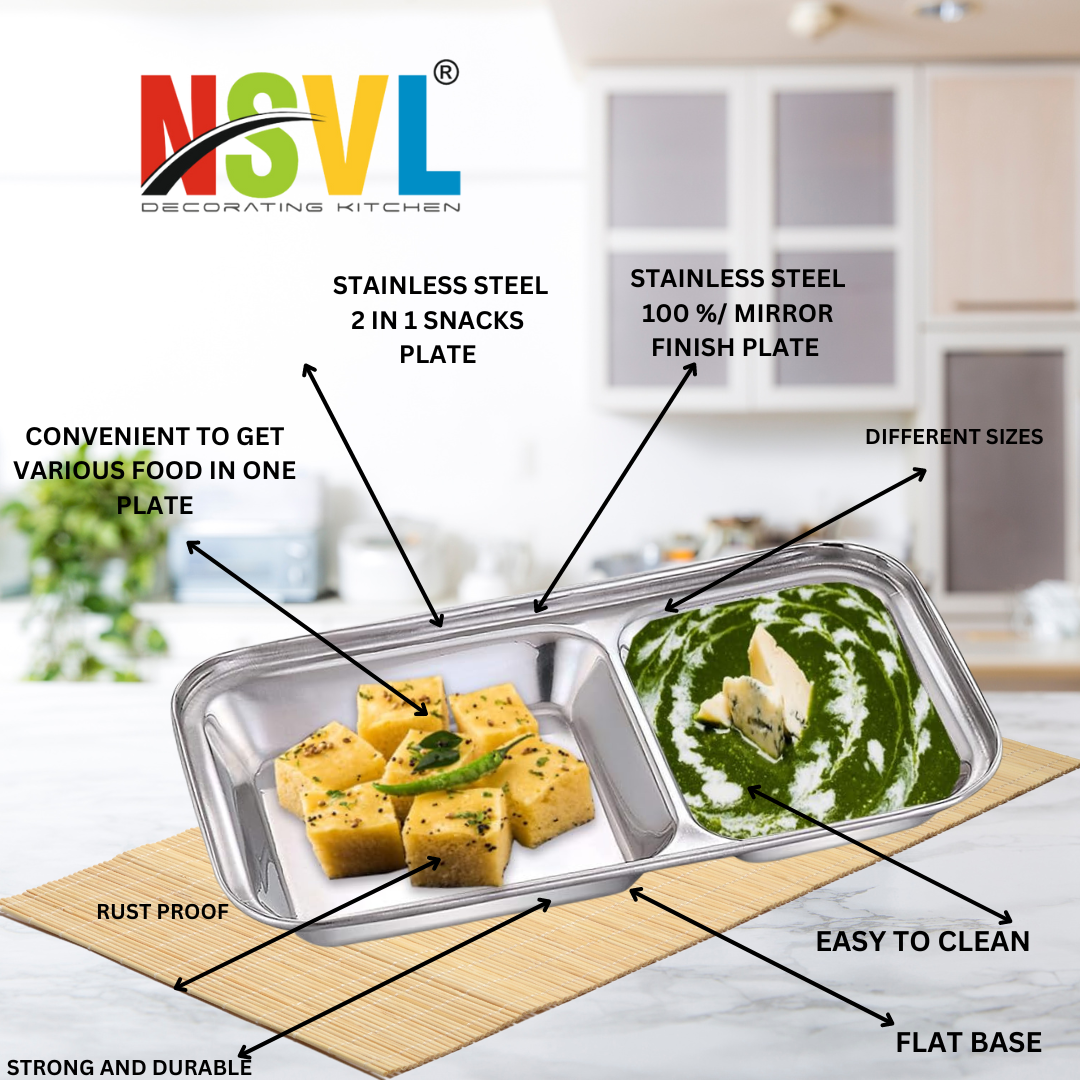 Nsvl Stainless Steel 2-in-1 Compartment Pav Bhaji/Appetizer/Snacks Plate
