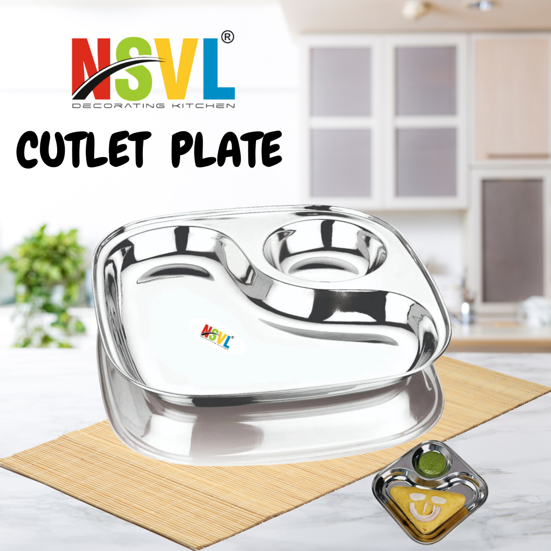 NSVL Stainless Steel 2 in-1 Cutlet snacks Plate -Two Compartment square Plate