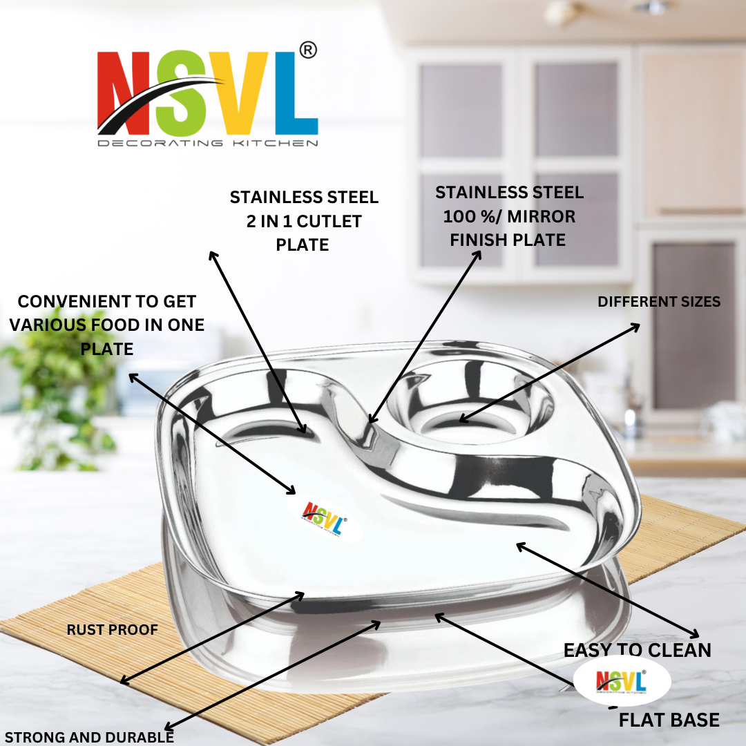 NSVL Stainless Steel 2 in-1 Cutlet snacks Plate -Two Compartment square Plate
