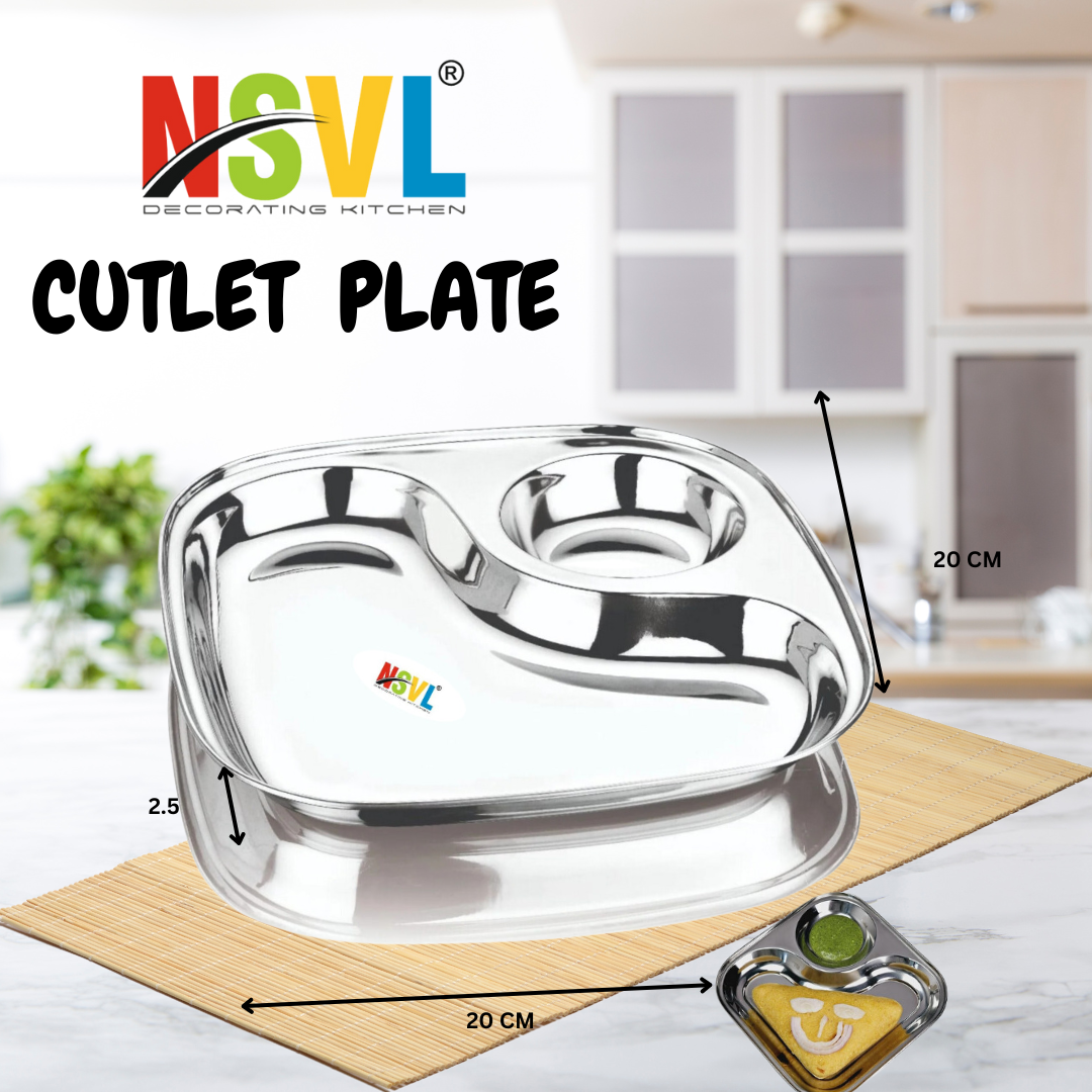 NSVL Stainless Steel 2 in-1 Cutlet snacks Plate -Two Compartment square Plate