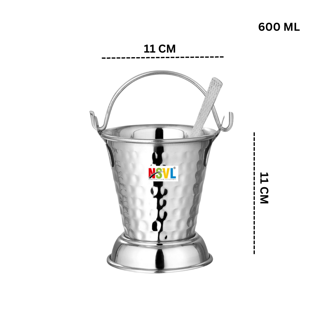 NSVL Mini Serving Hammered Serving Bucket for Dining Table | Mini Bucket for Serving Dal | Kitchen Stainless Steel Bucket | Small Bucket, 600 ml