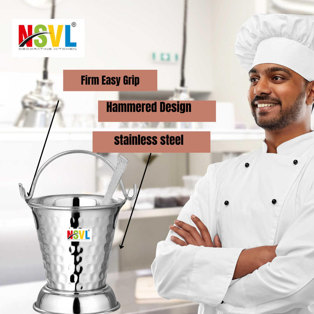 NSVL Mini Serving Hammered Serving Bucket for Dining Table | Mini Bucket for Serving Dal | Kitchen Stainless Steel Bucket | Small Bucket, 600 ml