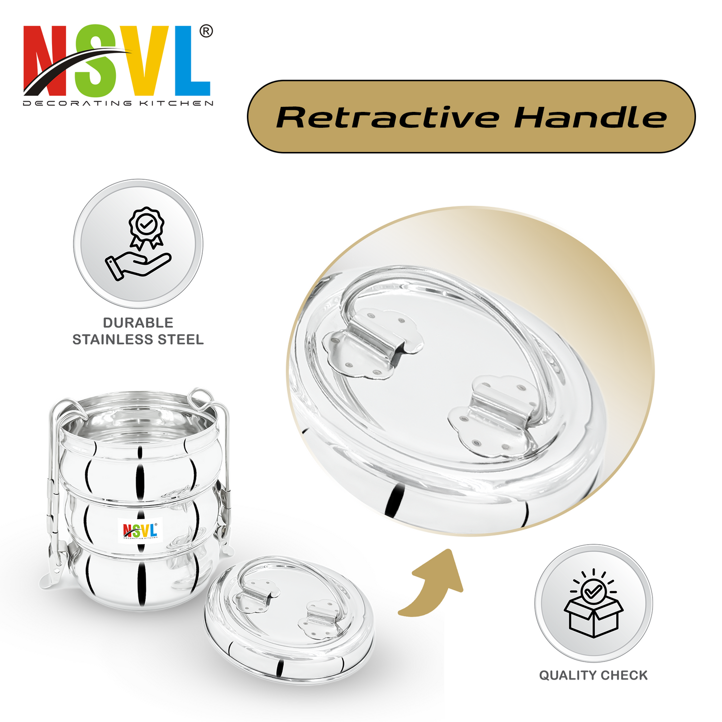 NSVL Stainless Steel 3 Compartment Lunch Box/Tiffin with Insulated Pouch 11 Cm Belly (1150ML, Silver)