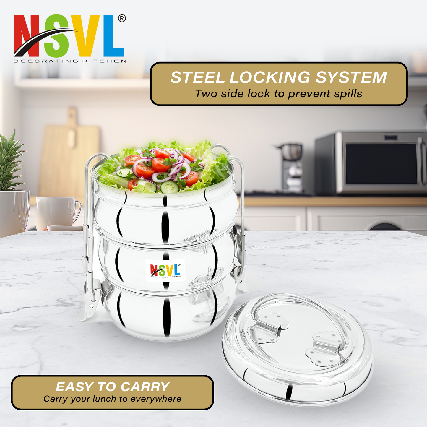 NSVL Stainless Steel 3 Compartment Lunch Box/Tiffin with Insulated Pouch 11 Cm Belly (1150ML, Silver)