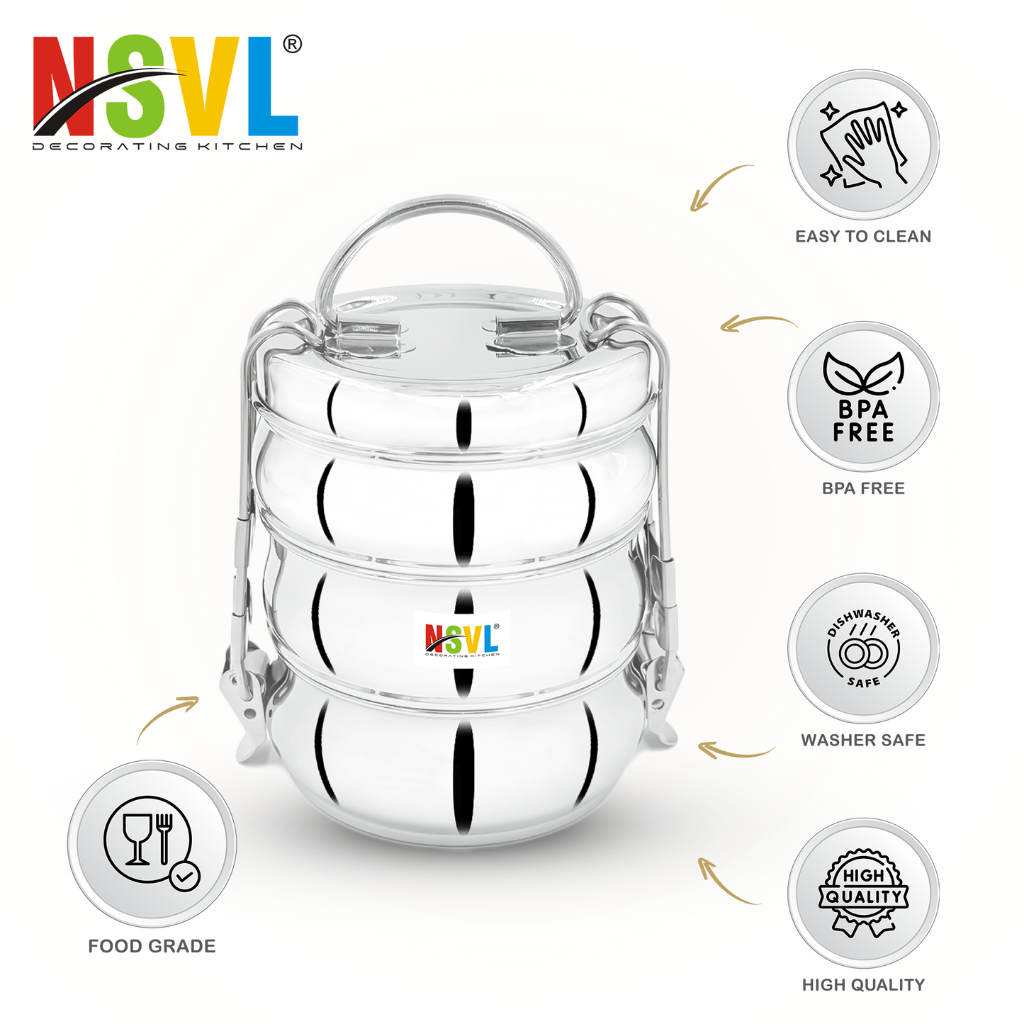 NSVL Stainless Steel 3 Compartment Lunch Box/Tiffin with Insulated Pouch 11 Cm Belly (1150ML, Silver)