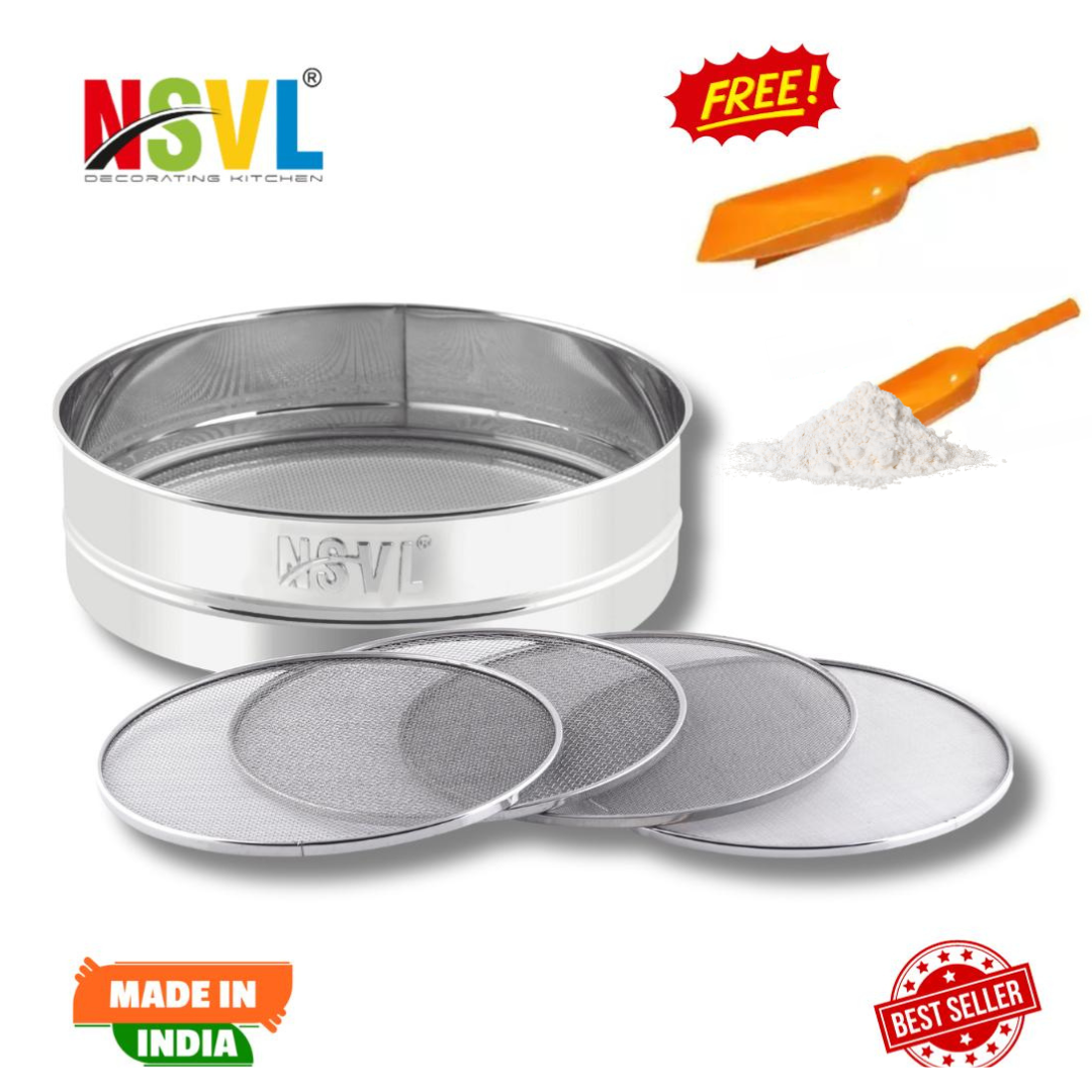 Nsvl Lite Stainless Steel 4 in 1 Interchangeable Sieve/Chalni 1 Unit | Set of 5 | Silver | Gehu/Flour/Atta/Maida Chalni/Spices/Food Strainers