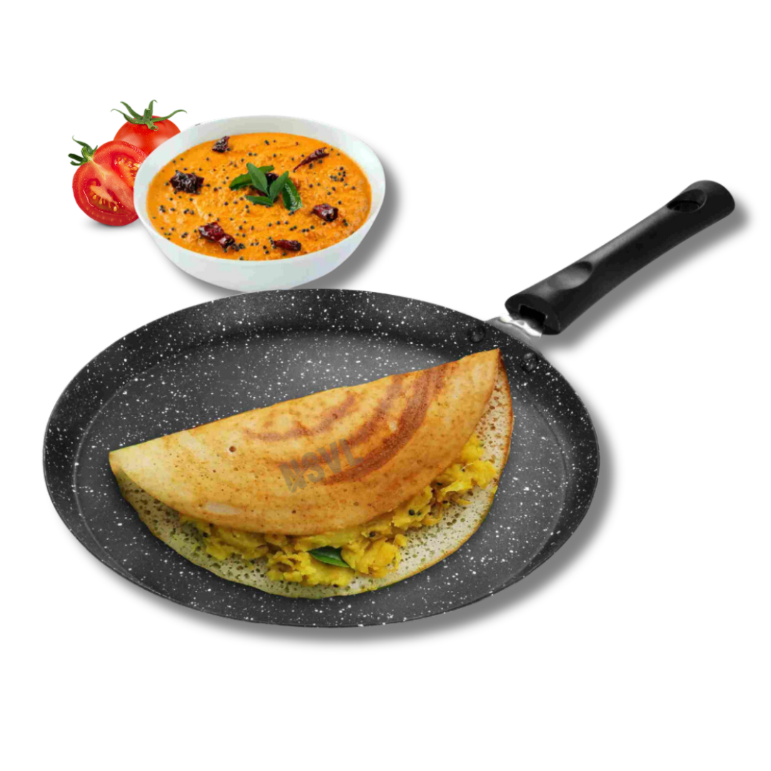 NSVL Aluminium Non-Stick Dosa Tawa with Handle| Granite Finish | Pfoa Free | High Temperature Resistant Exterior Coating | 26.5Cm | Black
