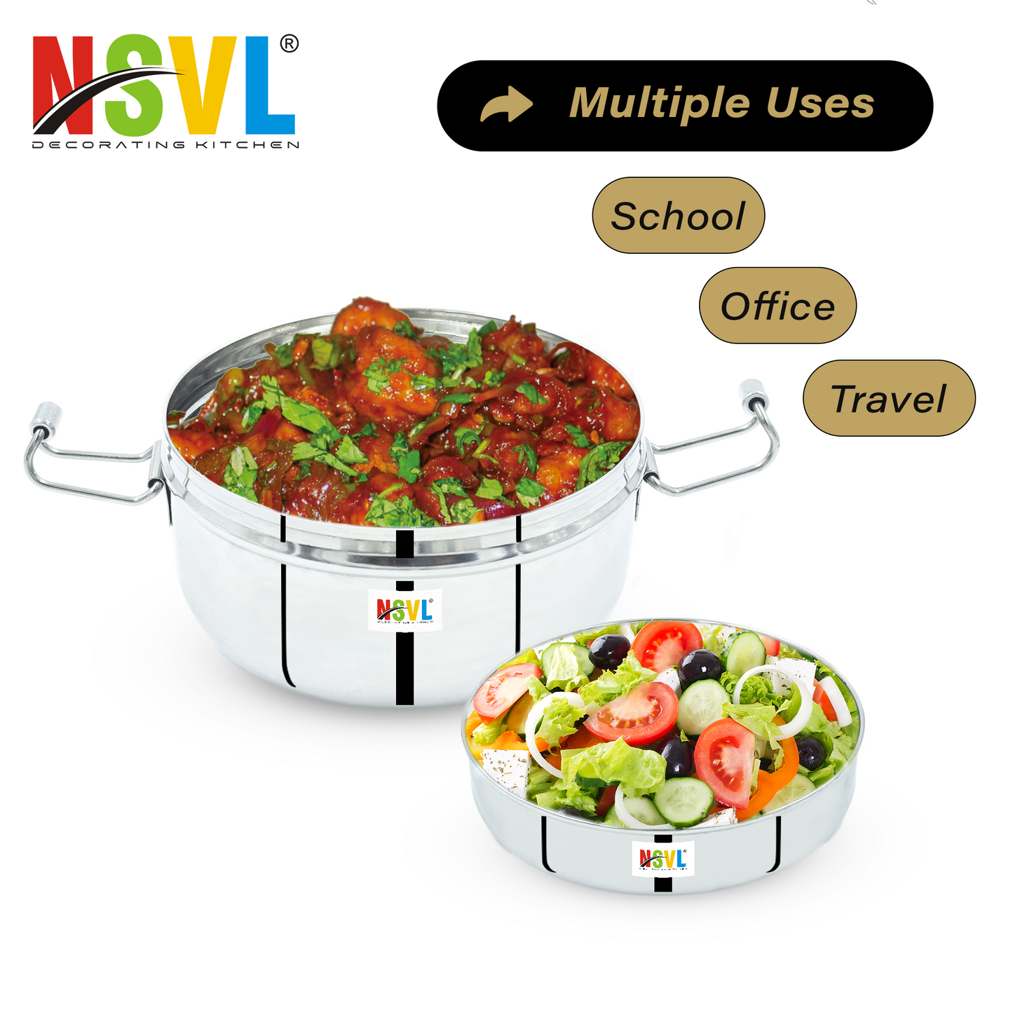 NSVL Stainless Steel Food Pack Lunch Box with Steel Separator Plate and Locking Clip