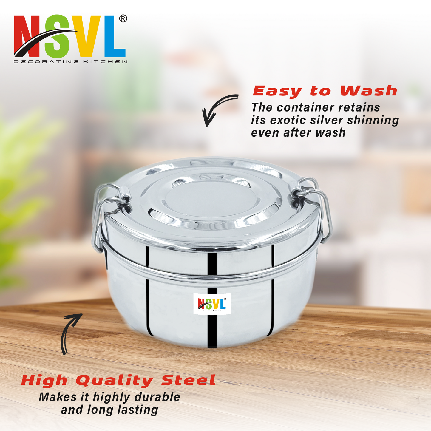 NSVL Stainless Steel Food Pack Lunch Box with Steel Separator Plate and Locking Clip