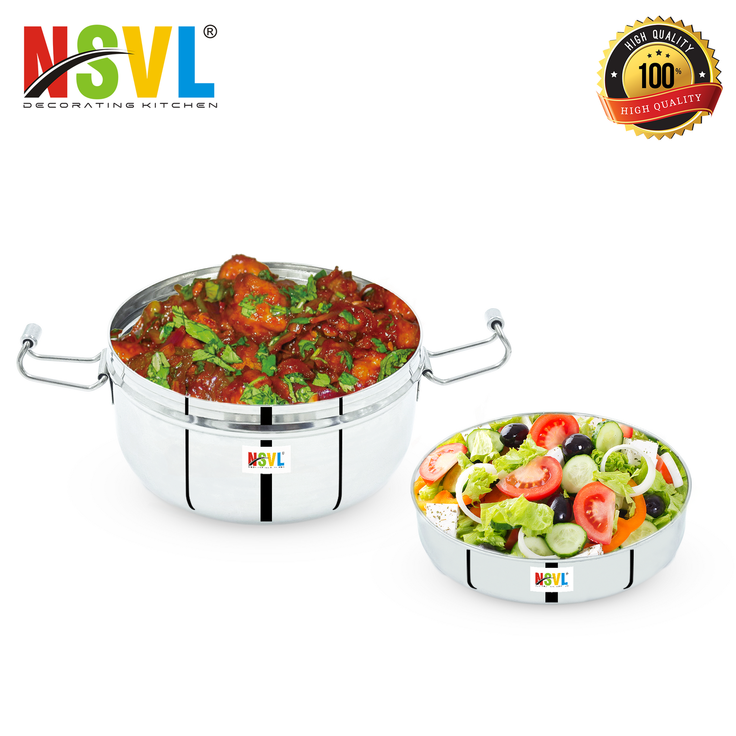 NSVL Stainless Steel Food Pack Lunch Box with Steel Separator Plate and Locking Clip