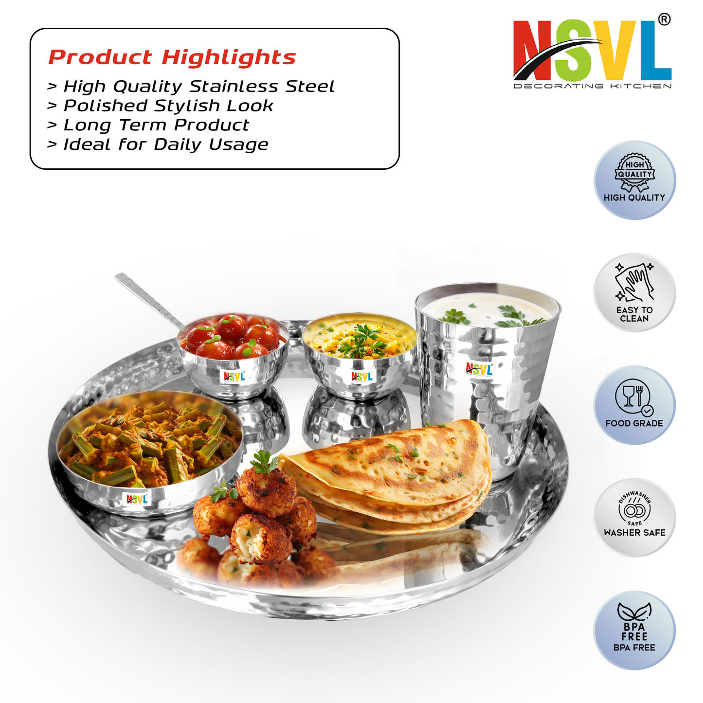 NSVL Stainless Steel Dinner Set of 6 Pieces (1 Set)|Premium Luxury Thali Set | Dinner Set Combo