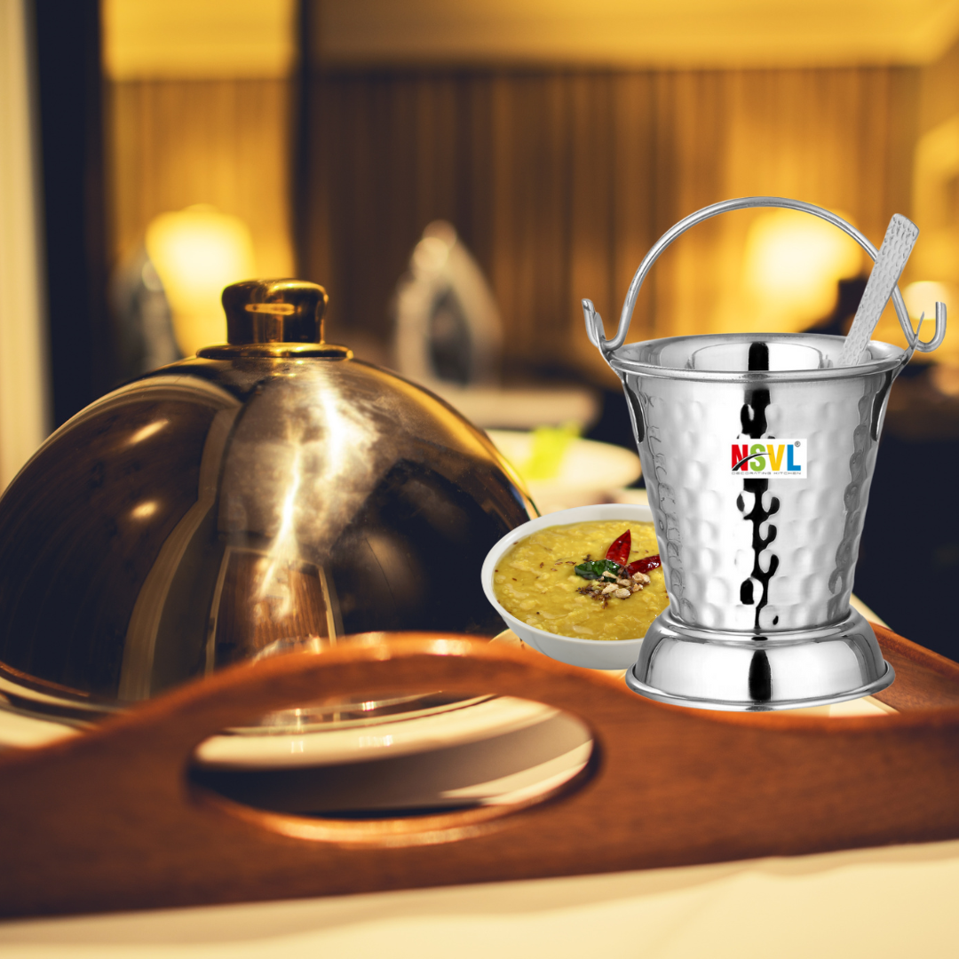 NSVL Mini Serving Hammered Serving Bucket for Dining Table | Mini Bucket for Serving Dal | Kitchen Stainless Steel Bucket | Small Bucket, 600 ml
