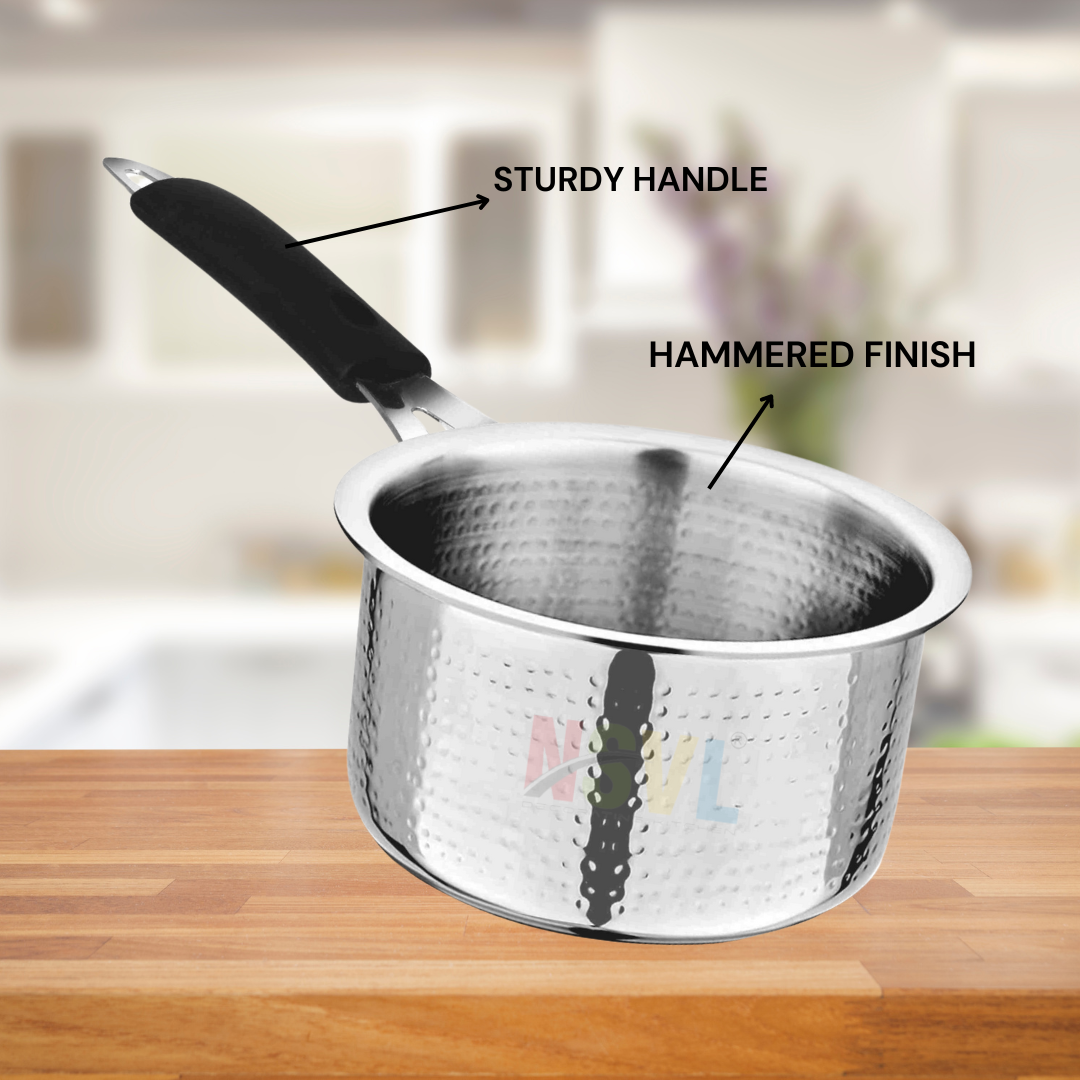 NSVL Stainless Steel Hammered Sauce Pan, Milk Pan, Tea Pan Heavy Guage 1 Litre (Induction and Gas Stove Friendly), Silver