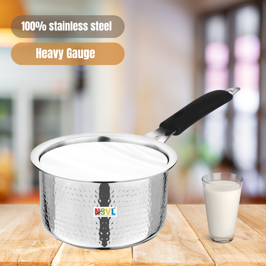 NSVL Stainless Steel Hammered Sauce Pan, Milk Pan, Tea Pan Heavy Guage 1 Litre (Induction and Gas Stove Friendly), Silver