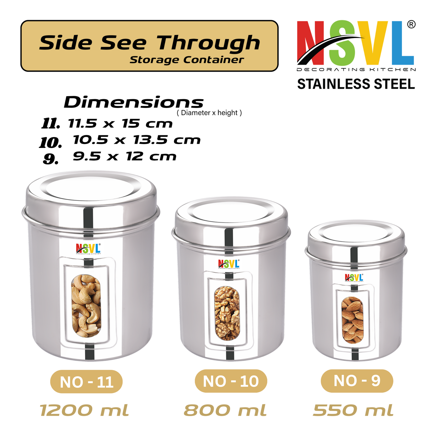 NSVL Stainless Steel See Through Dabba | 3 Size Of Dabba 1200ml , 800ml , 550 ml |Storage Container | Kitchen Container | Silver Colour Pack of 3