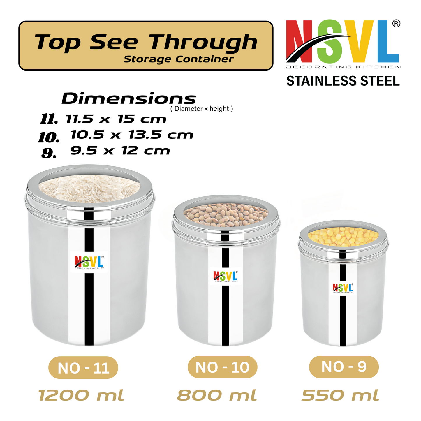 NSVL Stainless Steel See Through Dabba | 3 Size Of Dabba 1200ml , 800ml , 550 ml |Storage Container | Kitchen Container | Silver Colour Pack of 3