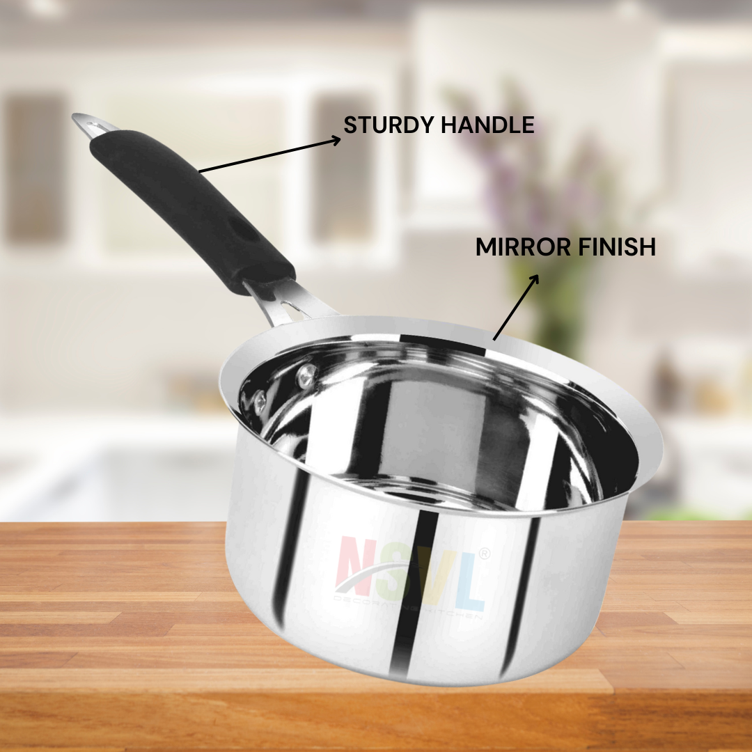 NSVL Stainless Steel Sauce Pan, Milk Pan, Tea Pan Heavy Guage 1 Litre (Induction and Gas Stove Friendly), Silver