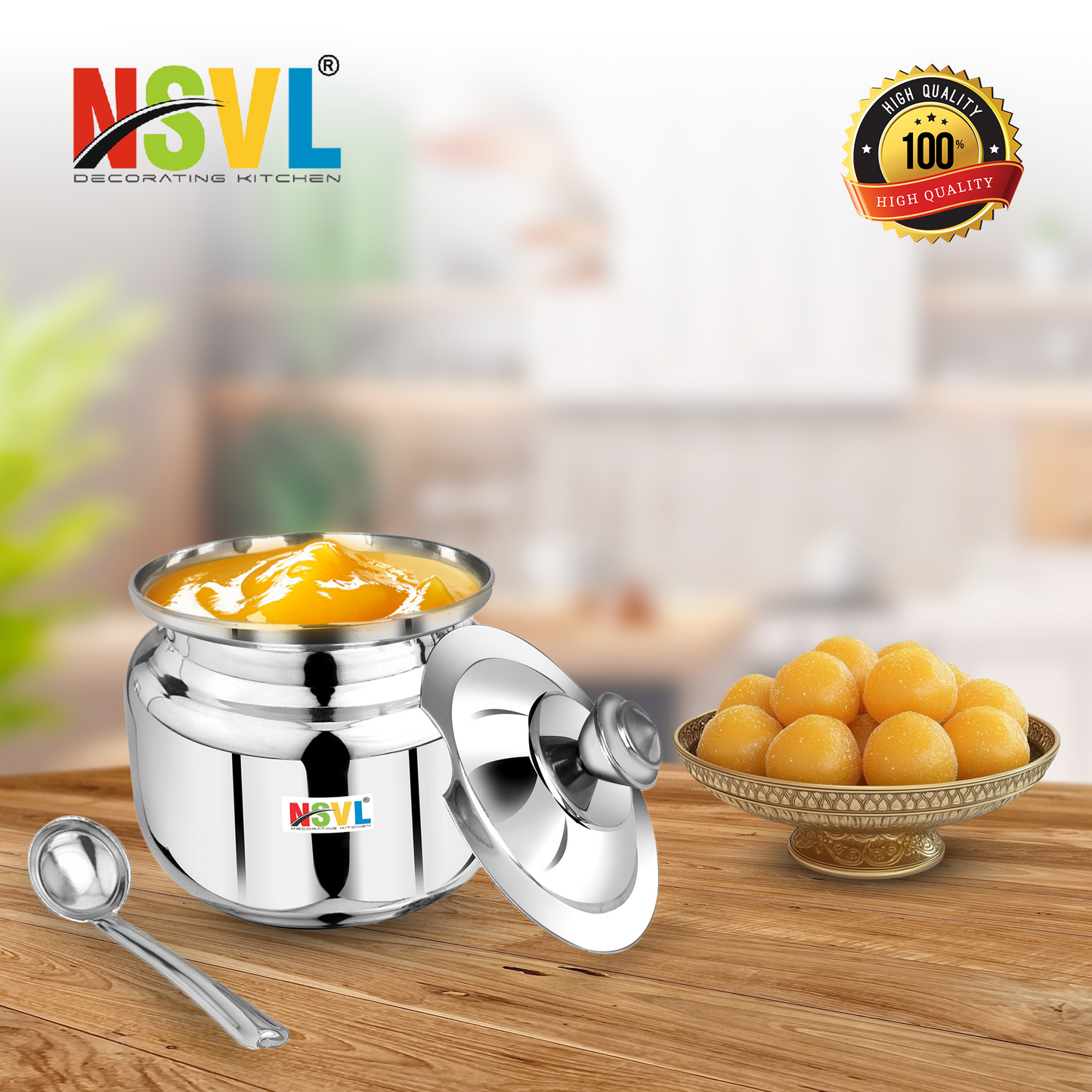 Nsvl Stainless Steel Multipurpose Ghee Pot/Pickle Container, 310 ml, With Spoon,(Round Design)